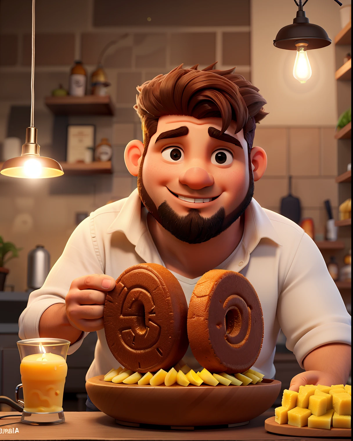 Um gordinho de cabelo cortado em volta de uma cadeira de barbeiroaltura de 1,70, illuminated by the light of a lamp, contra o pano de fundo de uma barbearia