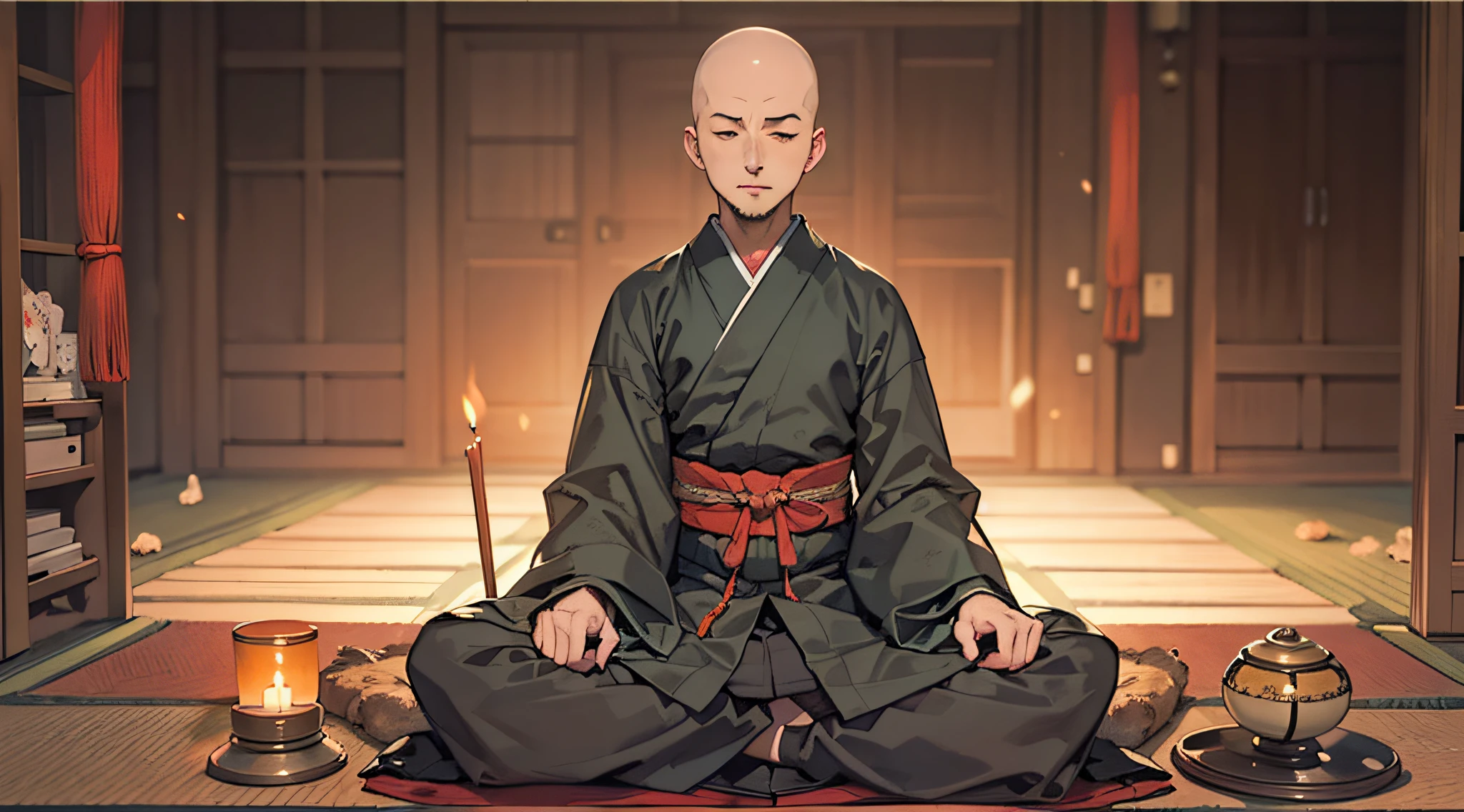 (masterpiece, best quality:1.2), (1man, solo), (50years old:1.1), (full body, sitting and meditation), Japanese monk's working clothes, (skin head, no hair), closing eyes, (Japanese old style room, a lot of candles)