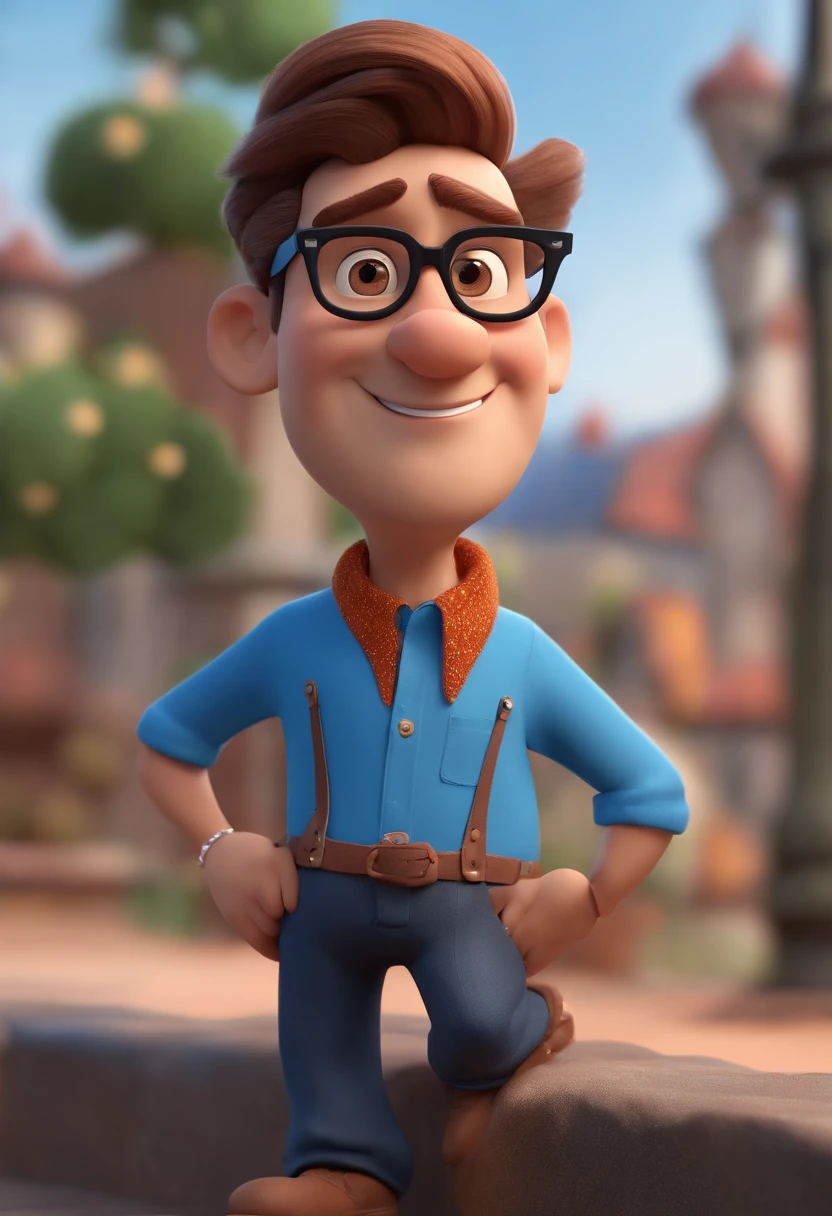 Cartoon character of a man wearing black glasses and a blue shirt, um personagem animado, Caractere estilizado, animation style rendering, 3D estilizado, Arnold Maya render, 3 d render stylized, toon render keyshot, Personagem 3D, Personagem 3D, 3d rendering stylized, 3 d character render, personagem de desenho animado, Personagem de close up, Pose de personagem, (Estilo Pixar) (master part:1.2) (Bokeh) (best quality) (pele detalhada) (textura detalhada) (8k) (argila) (Cinematic lighting) (foco nítido,Senta e vaza a parte superior do corpo