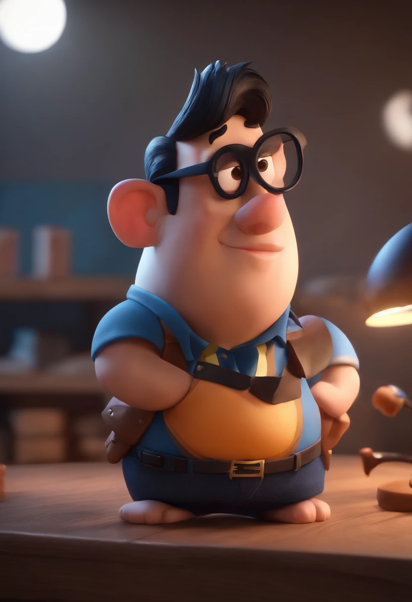 Cartoon character of a man wearing black glasses and a blue shirt, um personagem animado, Caractere estilizado, animation style rendering, 3D estilizado, Arnold Maya render, 3 d render stylized, toon render keyshot, Personagem 3D, Personagem 3D, 3d rendering stylized, 3 d character render, personagem de desenho animado, Personagem de close up, Pose de personagem, (Estilo Pixar) (master part:1.2) (Bokeh) (best quality) (pele detalhada) (textura detalhada) (8k) (argila) (Cinematic lighting) (foco nítido,Senta e vaza a parte superior do corpo