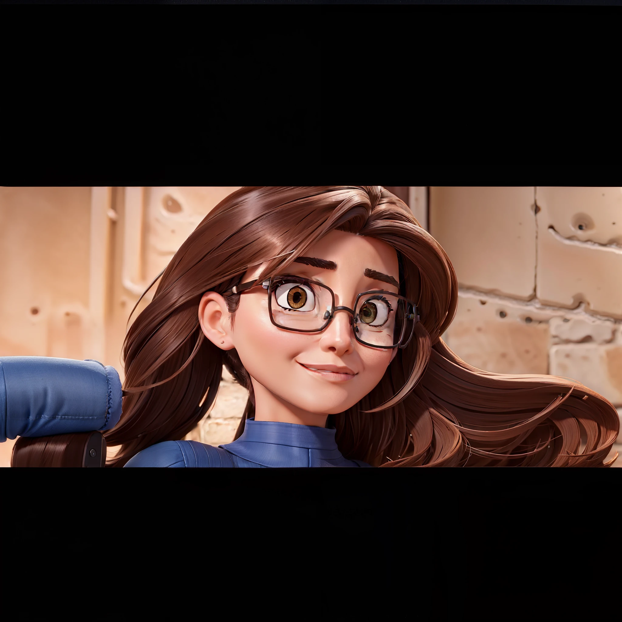 Mulher de 30 anos, medium skin, cabelos morenos com mechas loiras, square brown glasses, olhos pretos