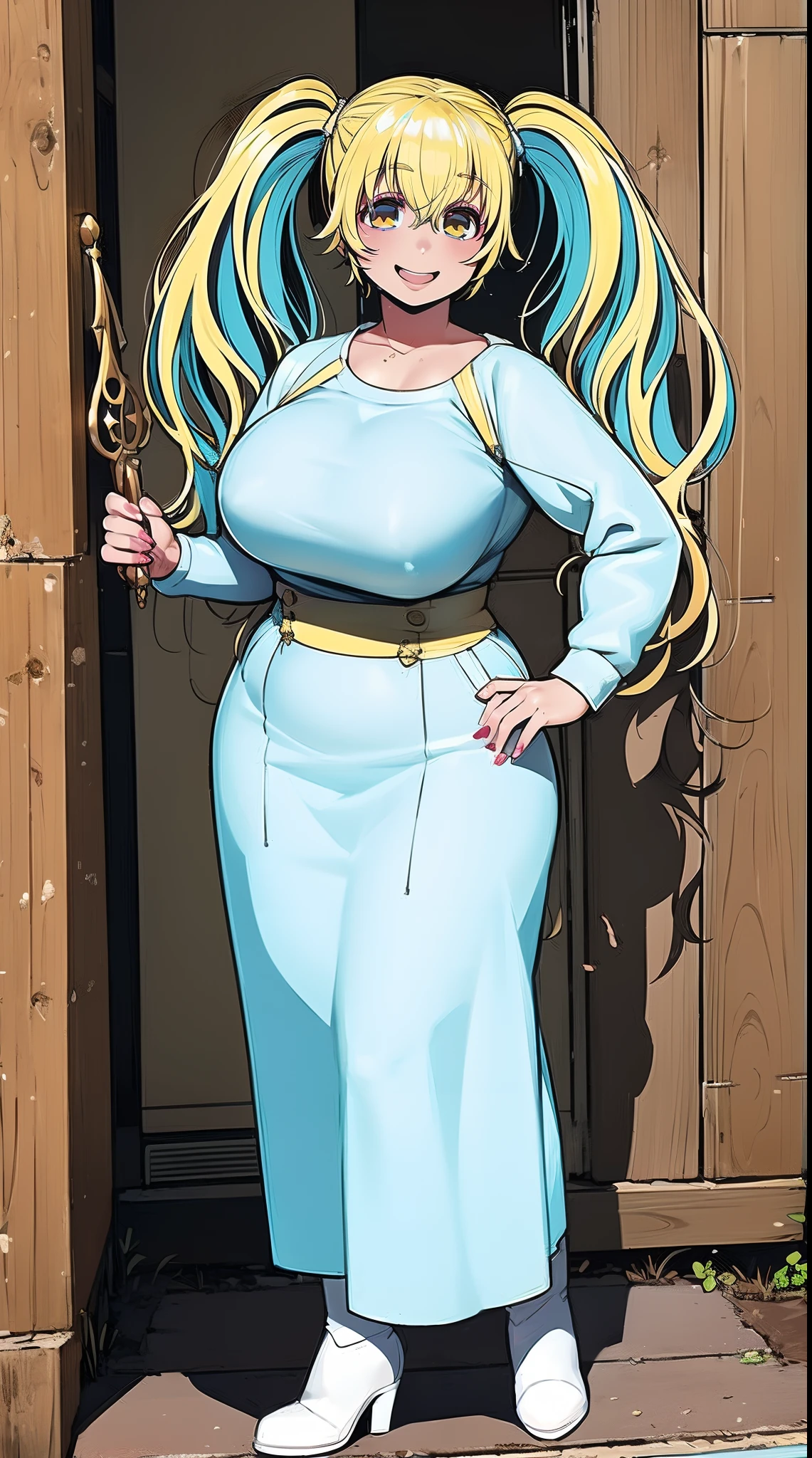 Super Pochaco (tsuji santa), yellow eyes, ((blond hair, aqua hair, multicoloured hair, streaked hair, twintails)), long hair, , full body, boots,(huge breasts:1.3), (plump, curvy), (standing), (smile), (happy), (thick thighs), (standing), (white turtle's sweater), (jeans), (), (open mouth),pants,magical girl,holding staff,long skirt,woman-medieval-clothes