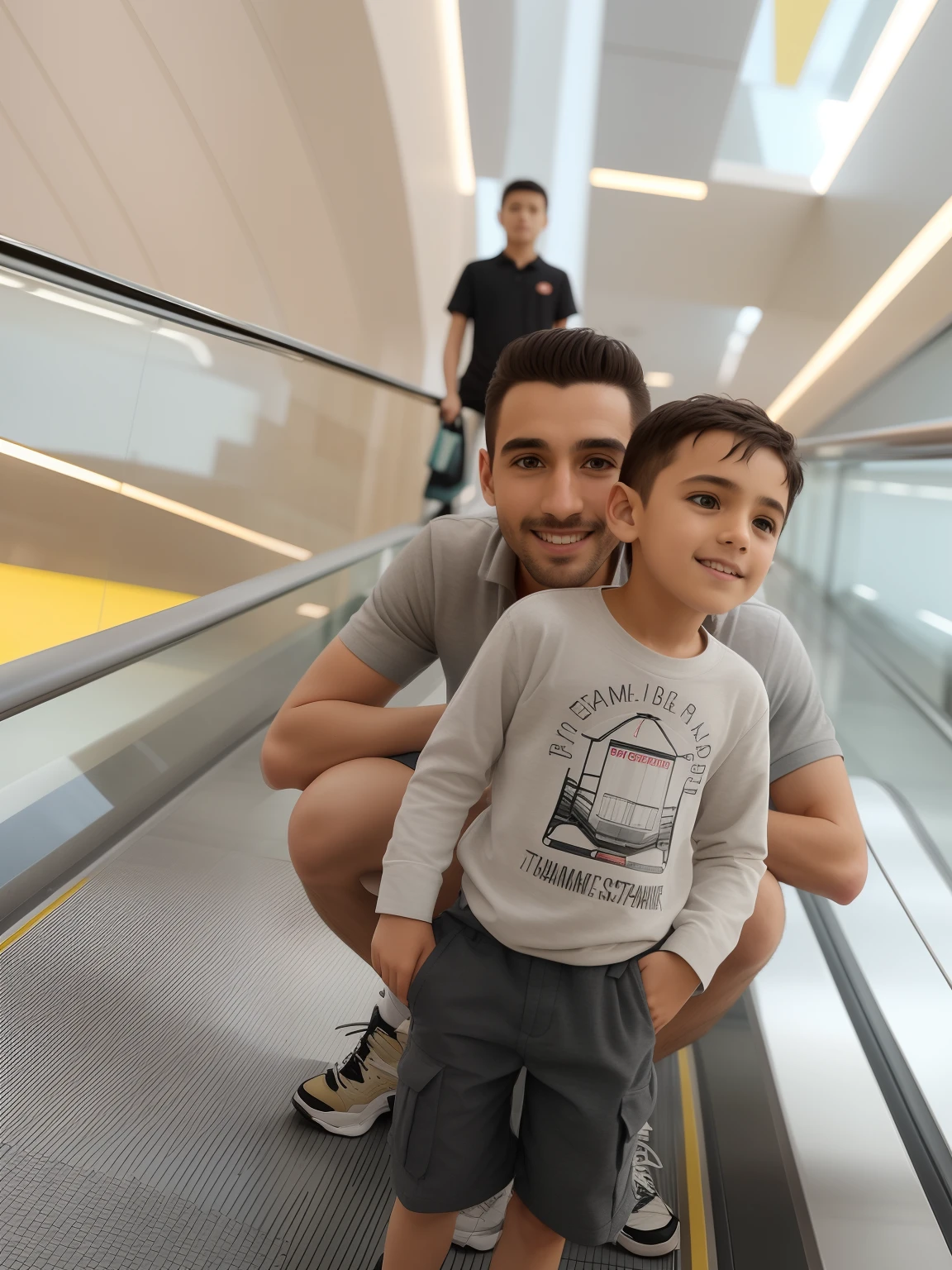 There's a man and a boy standing on an escalator, em um shopping, em um shopping, with a kid, aparecer em um shopping center, em um shopping center futurista, in magnificent shopping mall, garotada, pai com filho, shopping, Tomado com Sony Alpha 9, Directed by: Samuel Silva, Directed by: Emma Andijewska