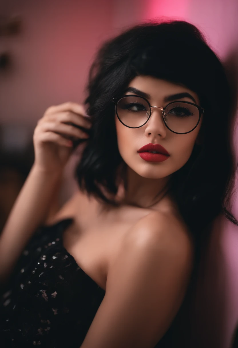 18 year old girl in her room by night wearing a black top black hair big glossypink lips wearing glasses