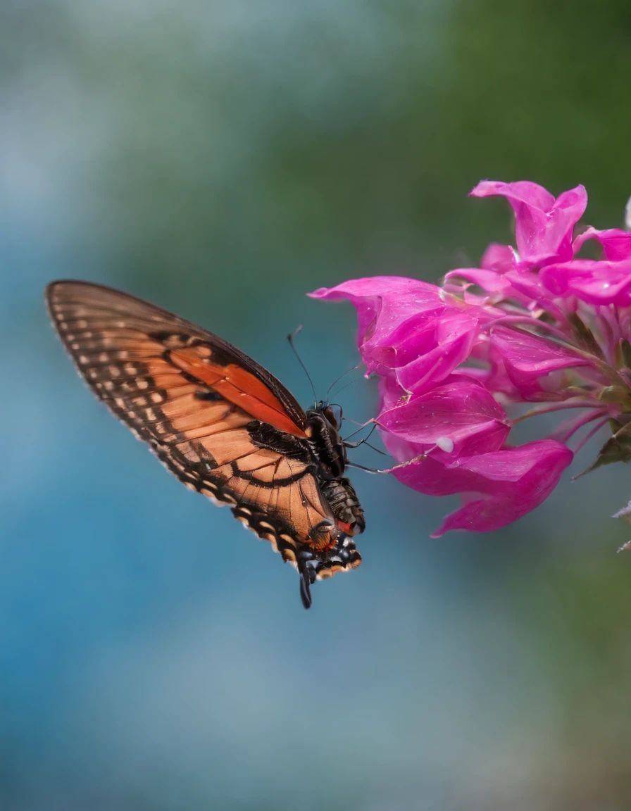 Mariposa fucsia, volando sobrfe un mar azul en libertad.