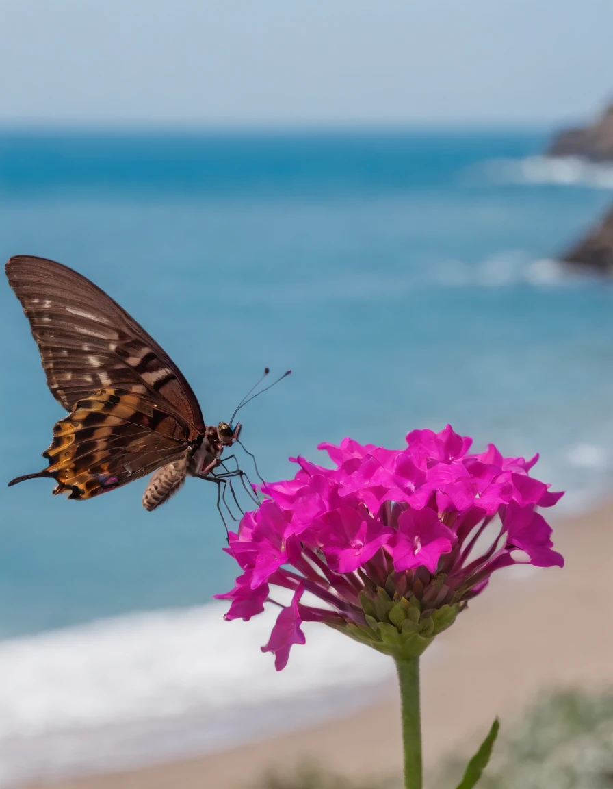 Mariposa fucsia, volando sobrfe un mar azul en libertad.