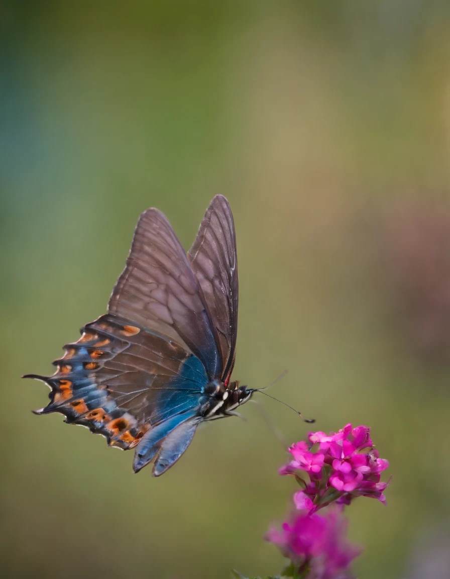 Mariposa fucsia, volando sobrfe un mar azul en libertad.