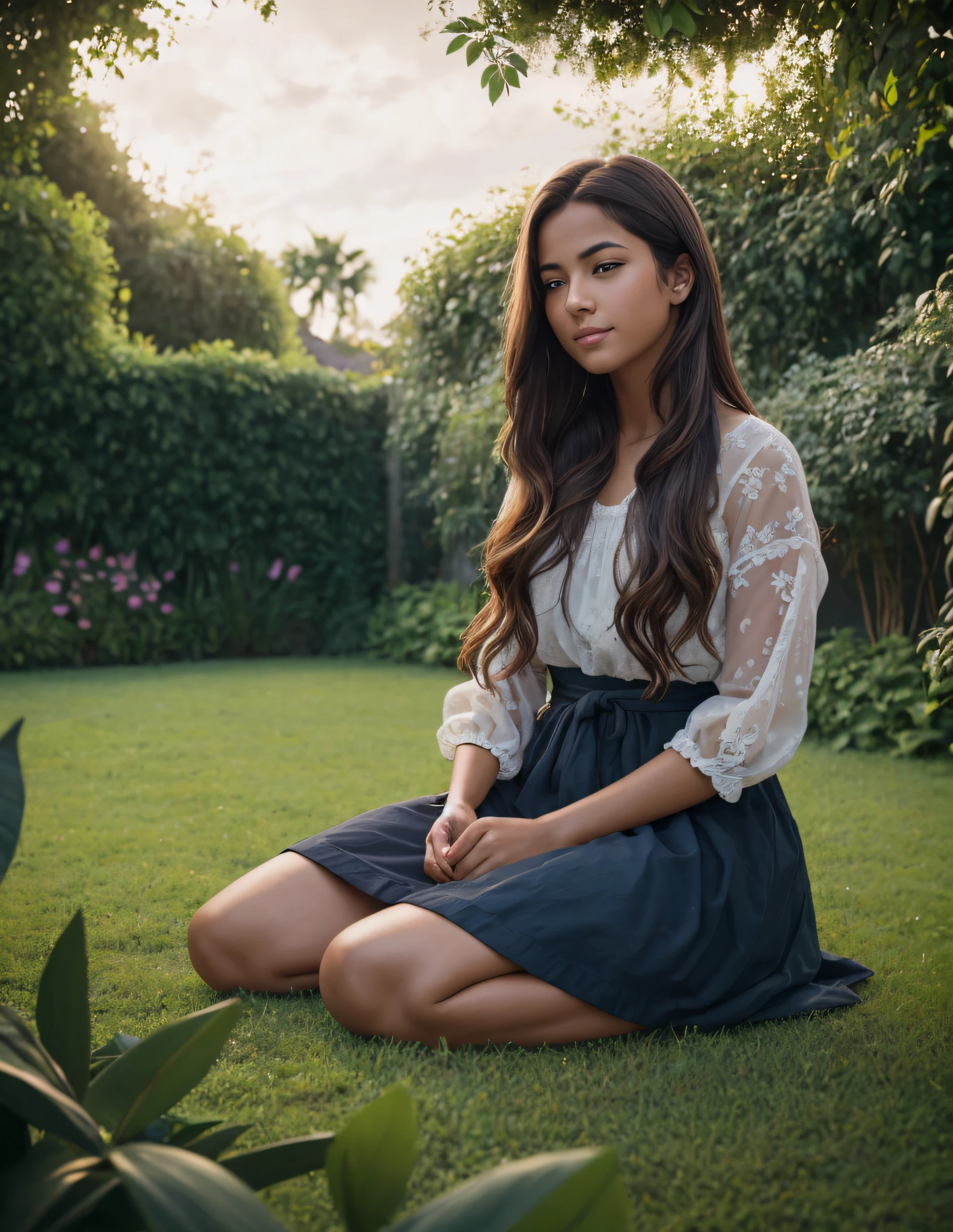 Beautiful meditating girl, sitting on the grass in a full lotus Yoga position meditating in a small garden with trees and grass, full lips, smiling, looking at camera, relaxed normal clothing, captivating, and well-defined radiant brown eyes, from Uruguay, in the rain, Award-winning photo by Lee Jeffries, Kodak Film Photography, Kodak Lens Portra 400 Camera F1.6, extremely detailed, amazing, fine details, rich colors, hyper-realistic realistic texture, dramatic lighting, UnrealEngine, trending on ArtStation, CineStill 800 Tungsten, looking at the viewer, realistic photo, RAW photo, TanvirTamim, high quality, high resolution, sharp focus, extremely detailed. In a small garden.