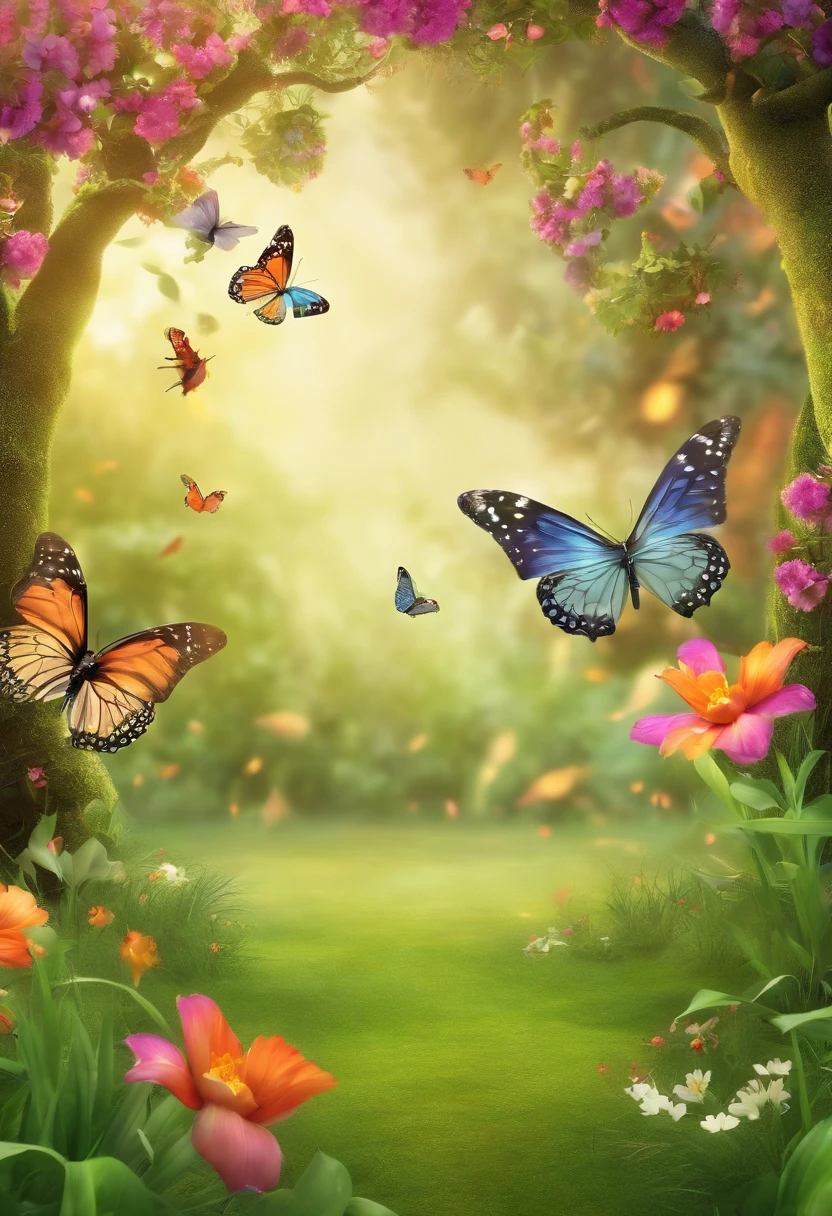 enchanted garden background, butterflies of different sizes and colors flying, small birds, green grass with a variety of flowers and colors. Cheerful, inviting, delicate image, 3d cartoon style image