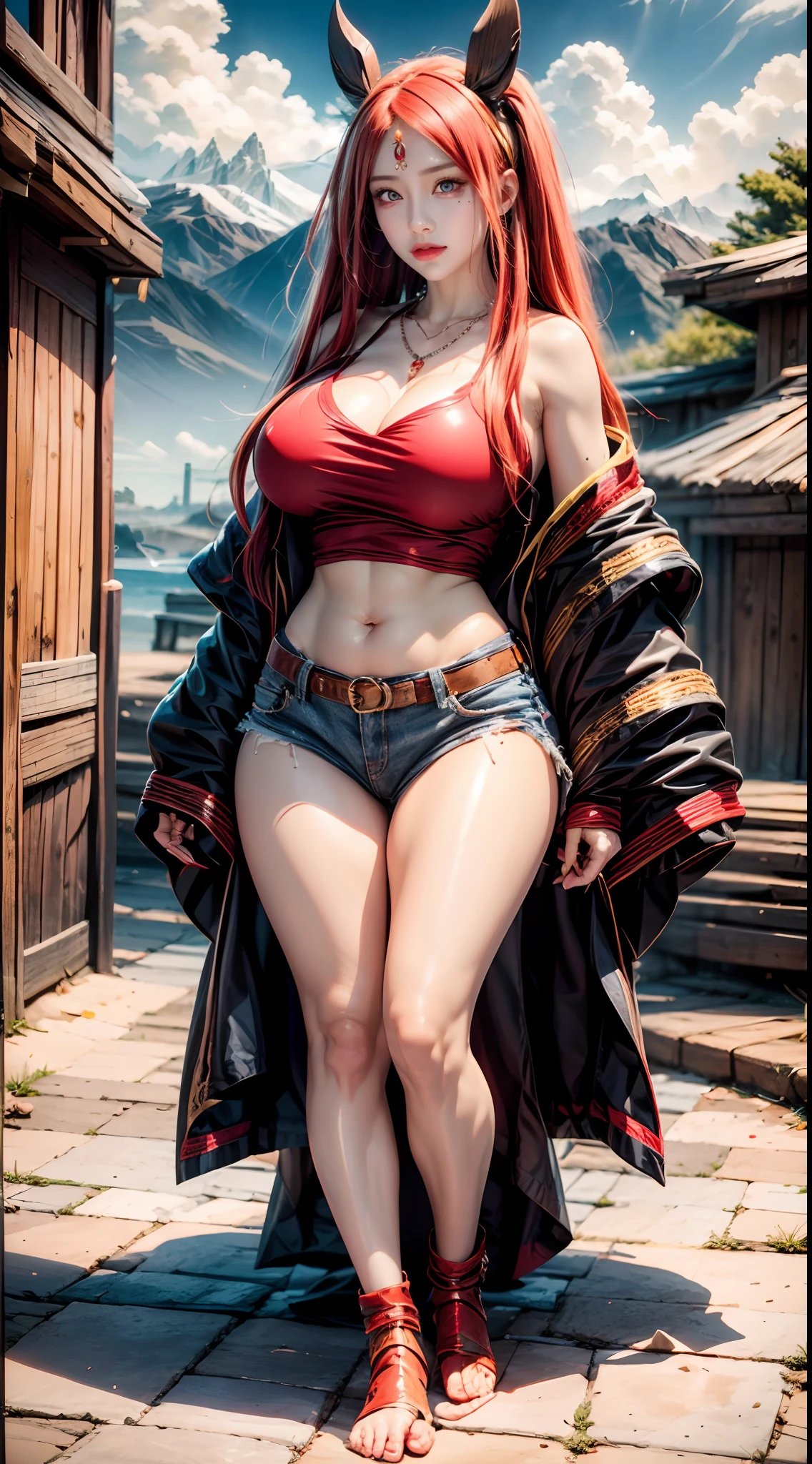 realistic, 1girls, handicrafts, best quality, 8k, red hair, big breasts, handbags, ponytails, tank tops, necklaces, jewelry, shorts, wide hips, gyaru, hair bands, yellow eyes, full body