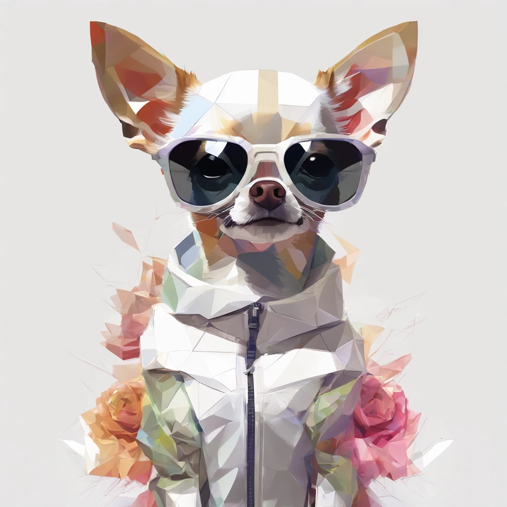 Perfect alignment, Cute chihuahua wearing a jacket，crystal vases，Rose flower, Wearing sunglasses, cheerfulness, Standing position, Abstract beauty, Centered, Looking at the camera, Facing the camera, nearing perfection, Dynamic, Highly detailed, smooth, Sharp focus, 8K, high definition resolution, illustration, Art by Carne Griffiths and Wadim Kashin, White background