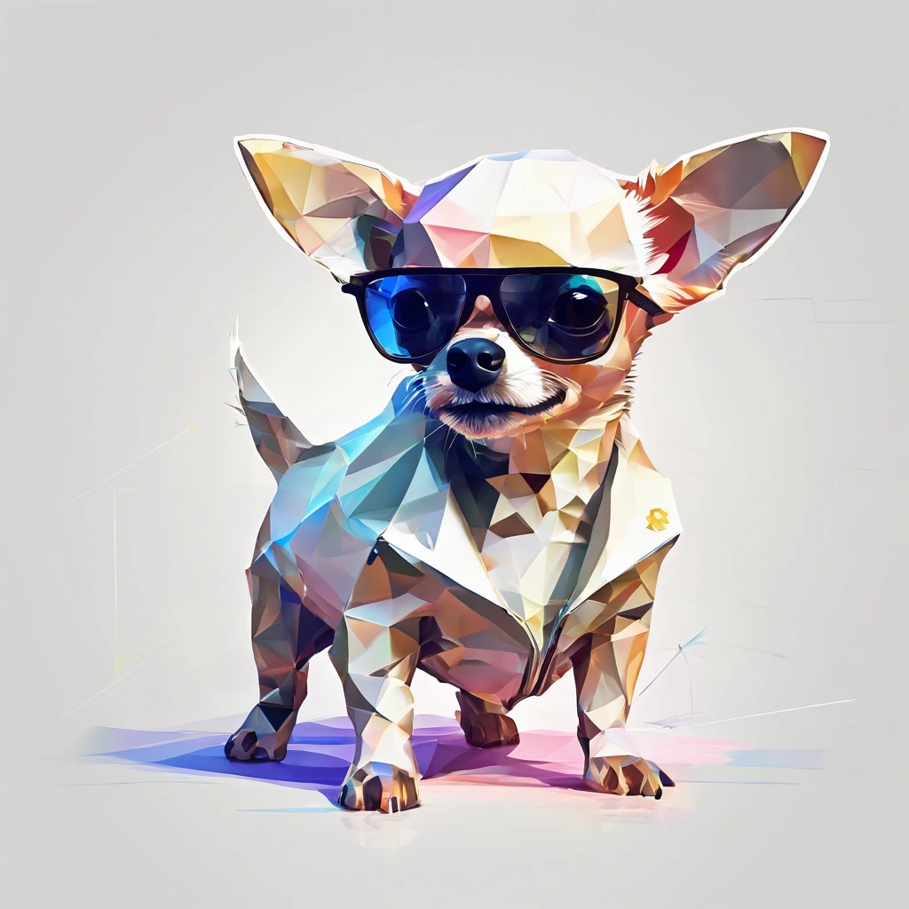 Perfect alignment, Cute chihuahua wearing a jacket,crystal vases,Rose flower, Wearing sunglasses, cheerfulness, Standing position, Abstract beauty, Centered, Looking at the camera, Facing the camera, nearing perfection, Dynamic, Highly detailed, smooth, Sharp focus, 8K, high definition resolution, illustration, Art by Carne Griffiths and Wadim Kashin, White background