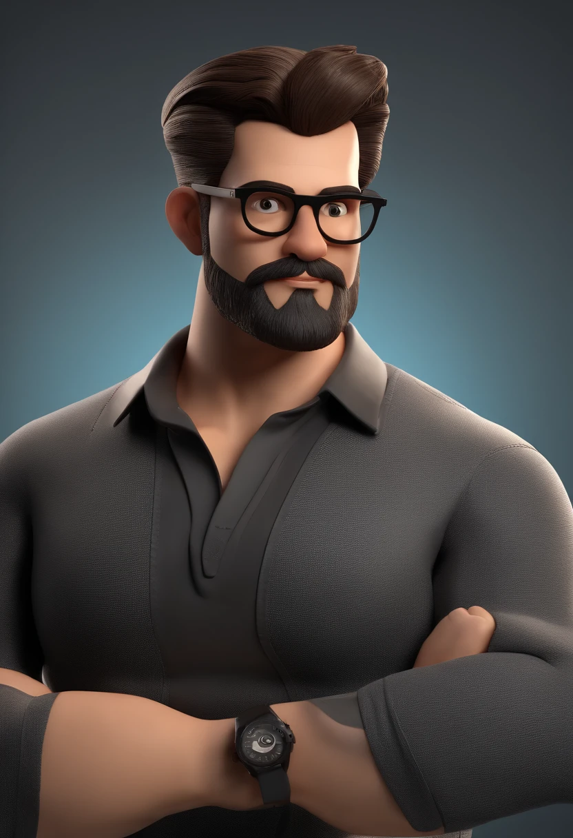 Cartoon character of a man with black glasses and a black polo shirt, cabelo liso, With beard and old school tattoo on his arm, animation character, Caractere estilizado, animation style rendering, 3D estilizado, Arnold Maya render, 3 d render stylized, toon render keyshot, Personagem 3D, Personagem 3D, 3d rendering stylized, 3 d character render, personagem de desenho animado, Personagem de close up, Pose de personagem, (Estilo Pixar) (master part:1.2) (Bokeh) (best quality) (pele detalhada) (textura detalhada) (8k) (argila) (Cinematic lighting) (foco nítido