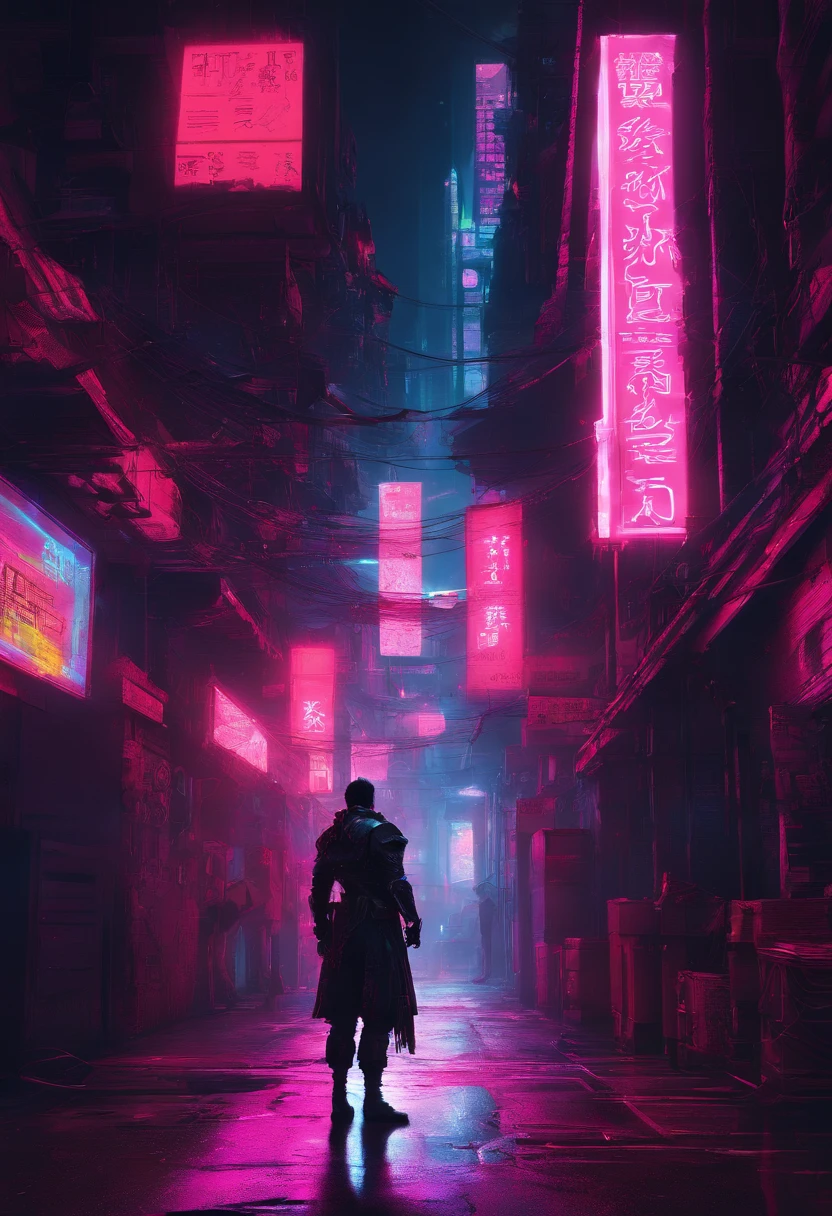 In a neon-drenched alley of a cyberpunk city, A lone cybersamurai stands under flashing holographic signs. Its crimson cyberware shines, and a holographic katana hums with energy as they prepare for a duel with an unseen adversary