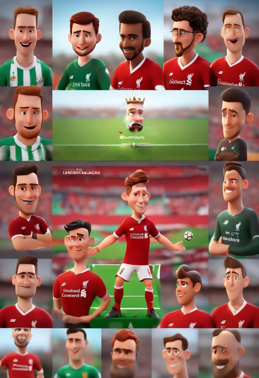 Cartoon characters of Liverpool players celebrating a goal, liverpool fc, birthday card design, animation characters, animation style rendering, 3D estilizado, Arnold Maya render, 3 d render stylized, toon render keyshot, Personagem 3D, Personagem 3D, 3d rendering stylized, 3 d character render, (Estilo Pixar) (master part:1.2) (Bokeh) (best quality) (textura detalhada) (8k) (argila) (Cinematic lighting) (foco nítido