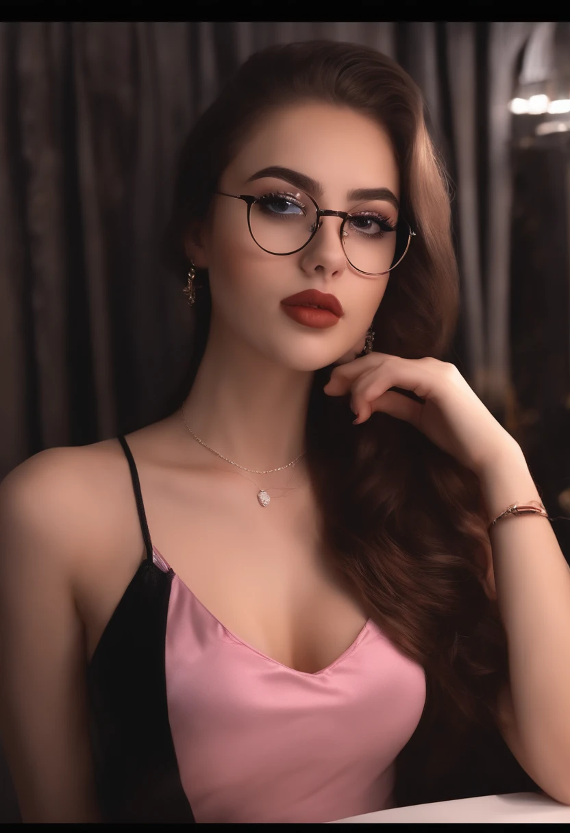 18 year old girl in her room by night wearing a black top brown hair big glossypink lips wearing glasses