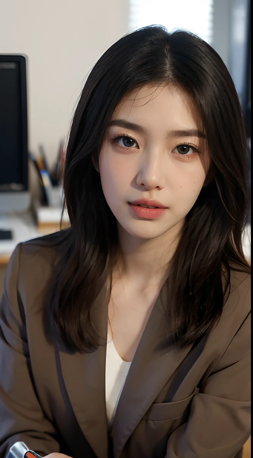 high resolucion, Realistic portrait of a professional Korean office lady with perfect skin, Professional Suit, Show confidence and maturity, Surrounded by a modern corporate environment.., Vivid highlights, natural lighting. The work should emphasize her graceful facial features, Attractive long eyes included, Fluttering eyelashes and seductive lips. The scene should be enhanced with elements of professionalism and visual appeal，For example, Stylish work desk, Mainframe computers, High-resolution display, and complex stationery. The overall tone should be warm and professional, It has a soft and natural color palette.. The work should exude professionalism, success, Cultural pride.
