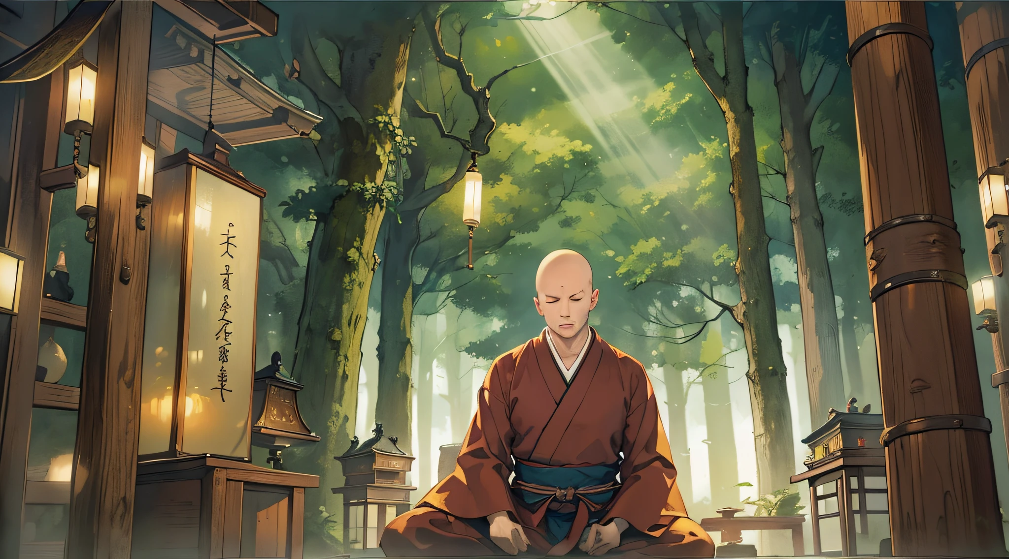 (masterpiece, best quality:1.2), (1man, solo), (50years old:1.1), (full body, sitting and meditation), (full body, sitting and meditation, beautiful forest) Japanese monk's working clothes, (skin head, no hair), closing eyes, (Japanese old style room, a lot of candles)