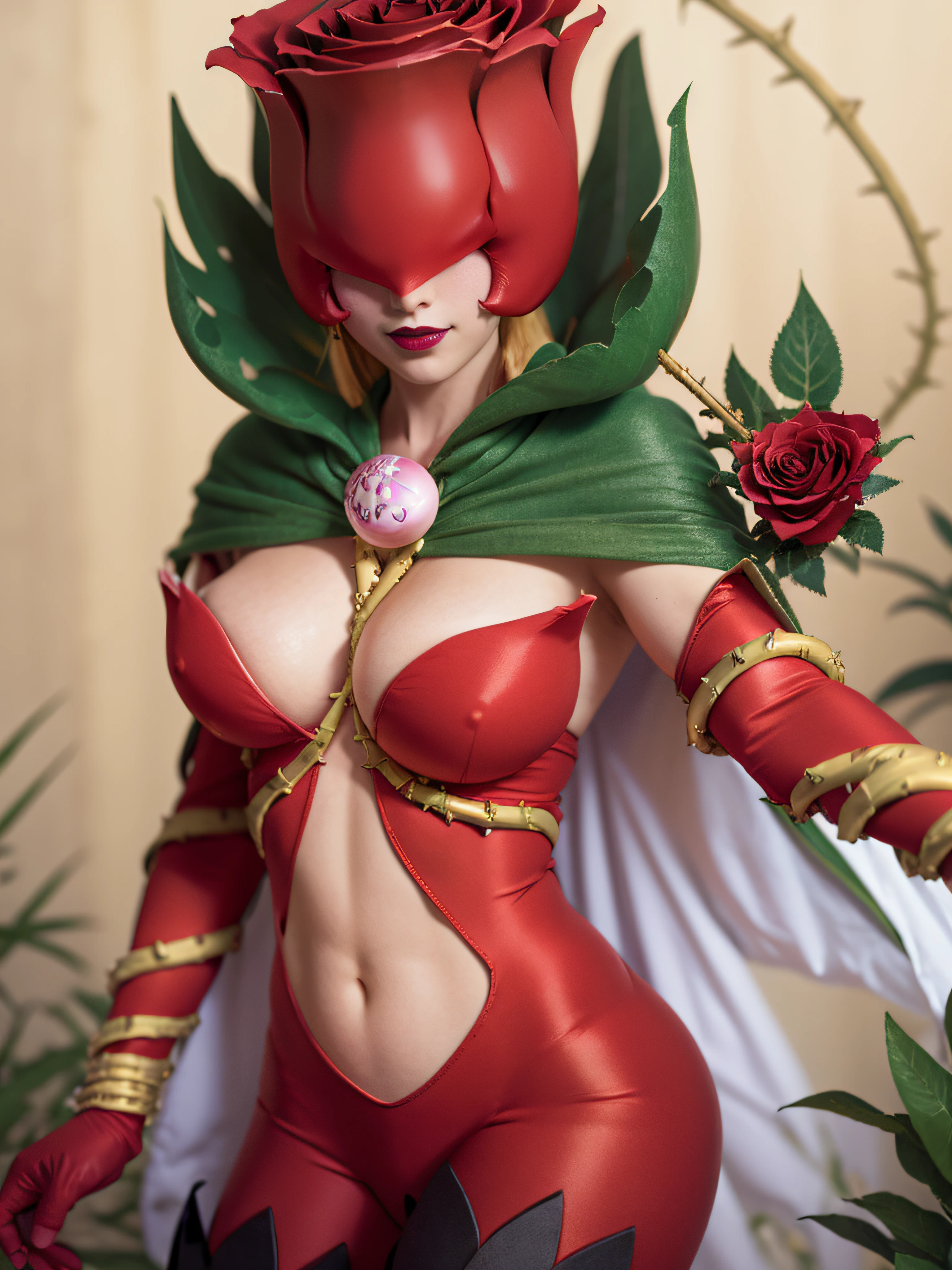 ANIME_rosemon_yugiho_ownwaifu, www.ownwaifu.com, digimon \(creature\), breasts, long hair, large breasts, lipstick, navel, makeup, covered eyes, monster girl, helmet, plant girl, colored skin, thighhighs, cleavage, petals, elbow gloves, navel cutout, red flower, red gloves, bodysuit, mask, thorns, cape, gloves, vines, rose, flower, plant, 1girl, solo, facing viewer, looking at viewer, upper body, smile