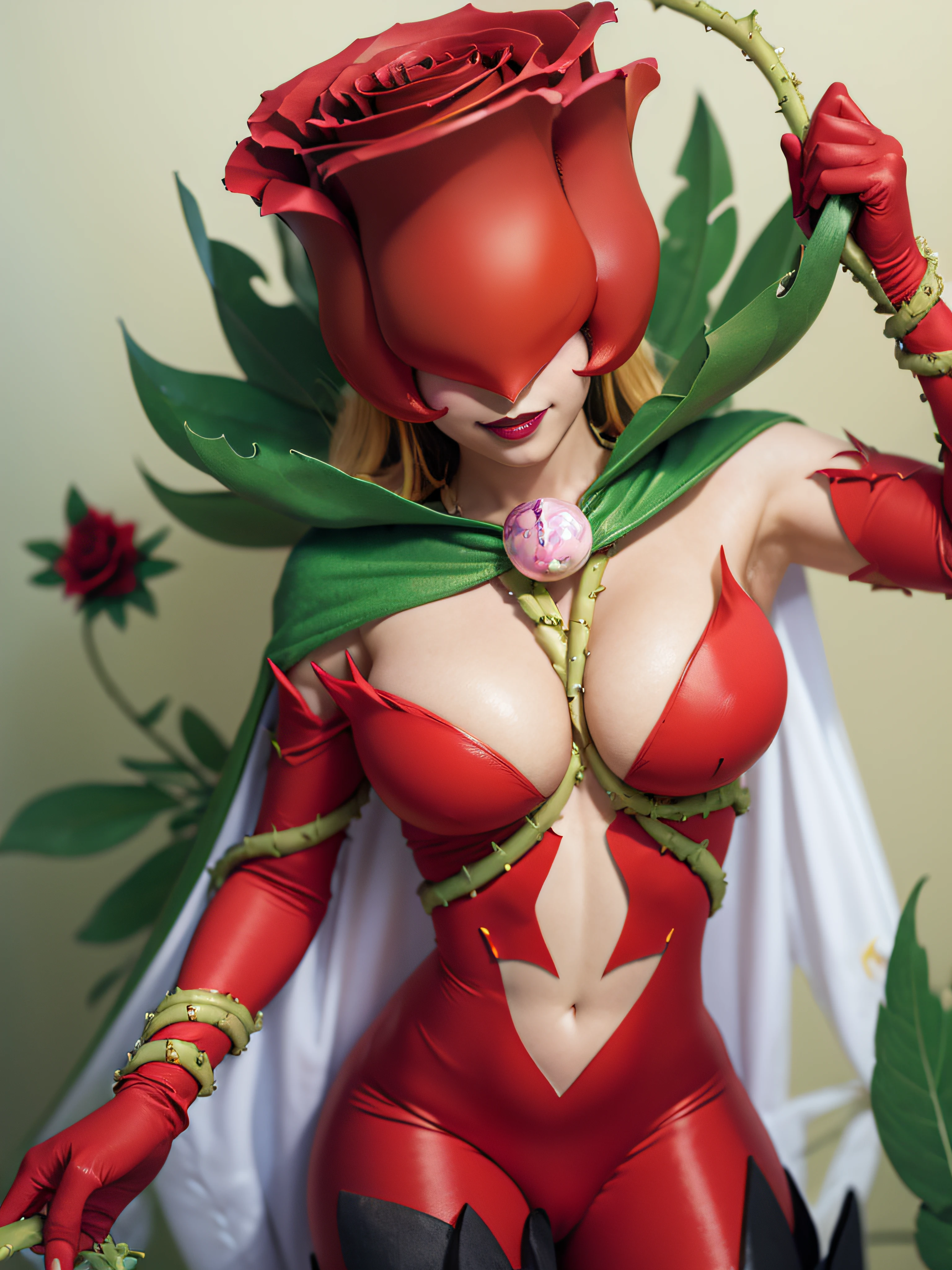 ANIME_rosemon_yugiho_ownwaifu, www.ownwaifu.com, digimon \(creature\), breasts, long hair, large breasts, lipstick, navel, makeup, covered eyes, monster girl, helmet, plant girl, colored skin, thighhighs, cleavage, petals, elbow gloves, navel cutout, red flower, red gloves, bodysuit, mask, thorns, cape, gloves, vines, rose, flower, plant, 1girl, solo, facing viewer, looking at viewer, upper body, smile