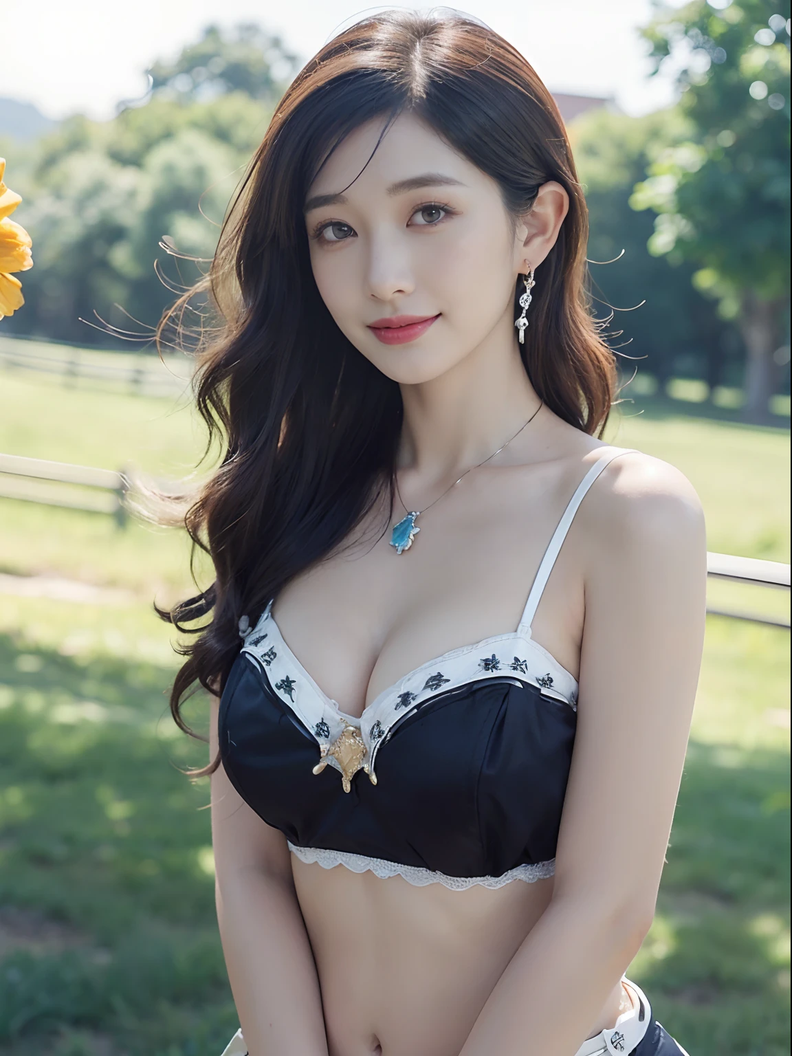 ((((top-quality))))、(((Ultra Precision CG16K Wallpapers)))、(((masterpiece)))、(((ultra-detailliert)))、(((Ultra-extreme details)))、One woman、a matural female、a 25yo woman、((Japanese face))、((extremely beautiful face))、((sasaki nozomi:1.8))、((medium cut、curly hair:1.2))、(shinny hair)、Bangs up to the eyebrows、Beautiful brown hair、Beautiful delicate eyes、Brown eyes、lofty nose、small nostrils、seductive lips、slightly open mouth、Beautiful breasts、C-cup size breasts、cleavage of the breast、Plump body、perfectly proportions、perfect anatomia、Beautiful and detailed shading、Beautiful natural lighting、Beautiful detail glow、depth of fields、(((a high chroma)))、((realisitic:1.9))、((Vivid:1.4))、((Beautiful skin))、((Skin texture))、((Realistic skin feeling))、perfect-composition、((cowboy shot))、((Angle of view from the front))、((a smile:1.2))、(Staring eyes)、Bright sunshine、((pasture:1.2))、(Background blur)、((Cowgirl style:1.5))、(Fancy Necklaces)、