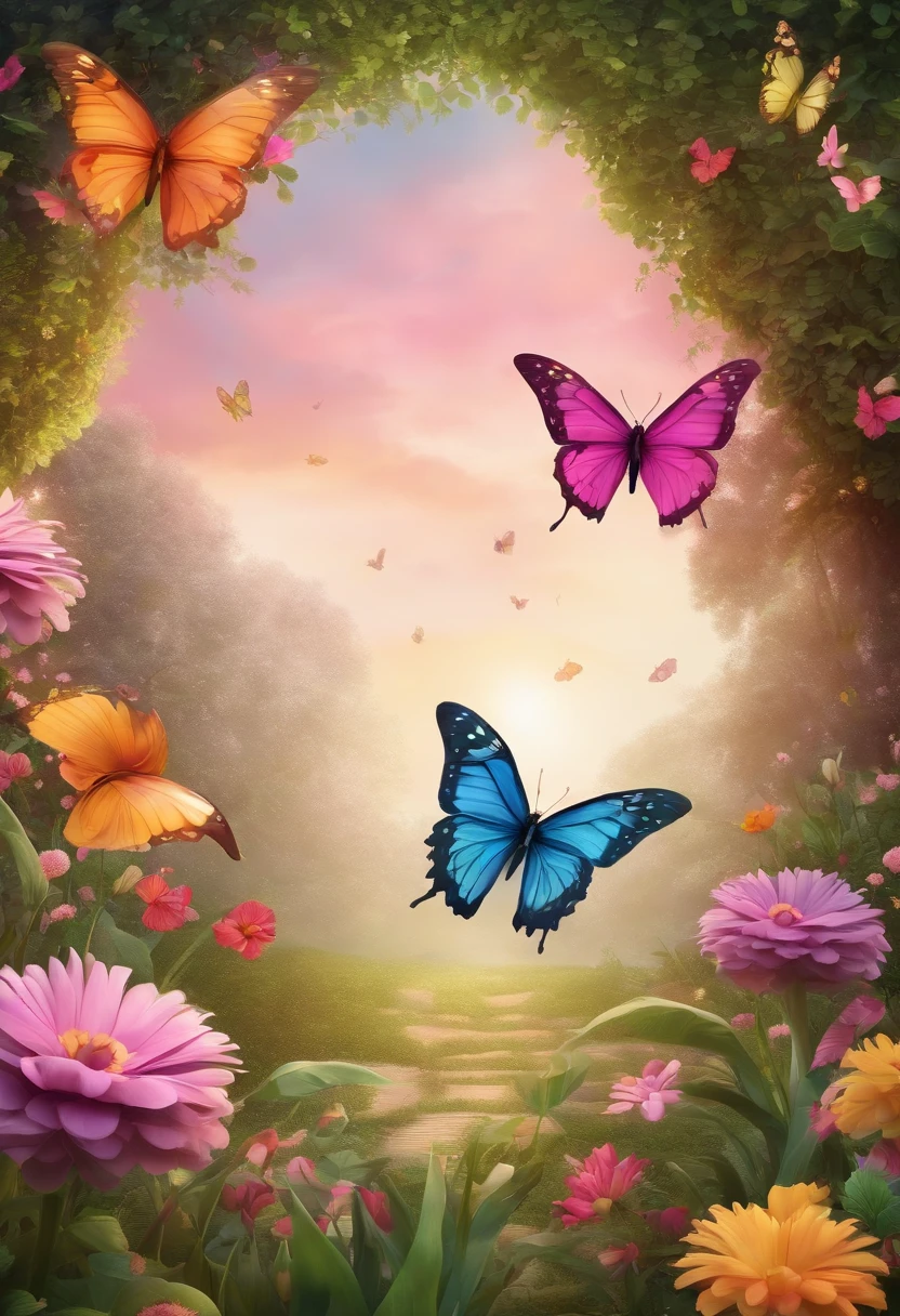 enchanted garden background, butterflies of different sizes and colors flying, small birds, a variety of flowers and colors, turning towards pink. Cheerful, inviting, delicate, 3d cartoon style image