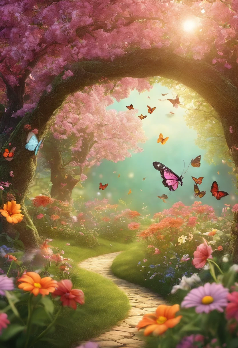 enchanted garden background, butterflies of different sizes and colors flying, small birds, a variety of flowers and colors, turning towards pink. Cheerful, inviting, delicate, 3d cartoon style image