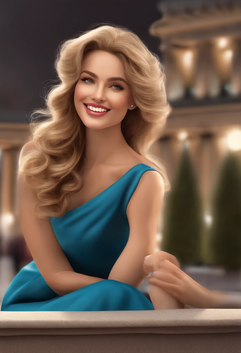 An illustration of a cute adorable woman with dark blonde wavy hair with blonde highlights, a sweet smile, kleiner Nase, braunen Augen und einem blauen Kleid. Sie steht vor dem Brandenburger Tor in Berlin. Die Sonne scheint. Illustrieren Sie diese Szene aus einer Perspektive, in der sie in die Kamera blickt, Entwickeln Sie diese Kunst in Full HD, Konzentriere dich auf deinen cineastischen Touch, Disney Pixar Animationen Stil