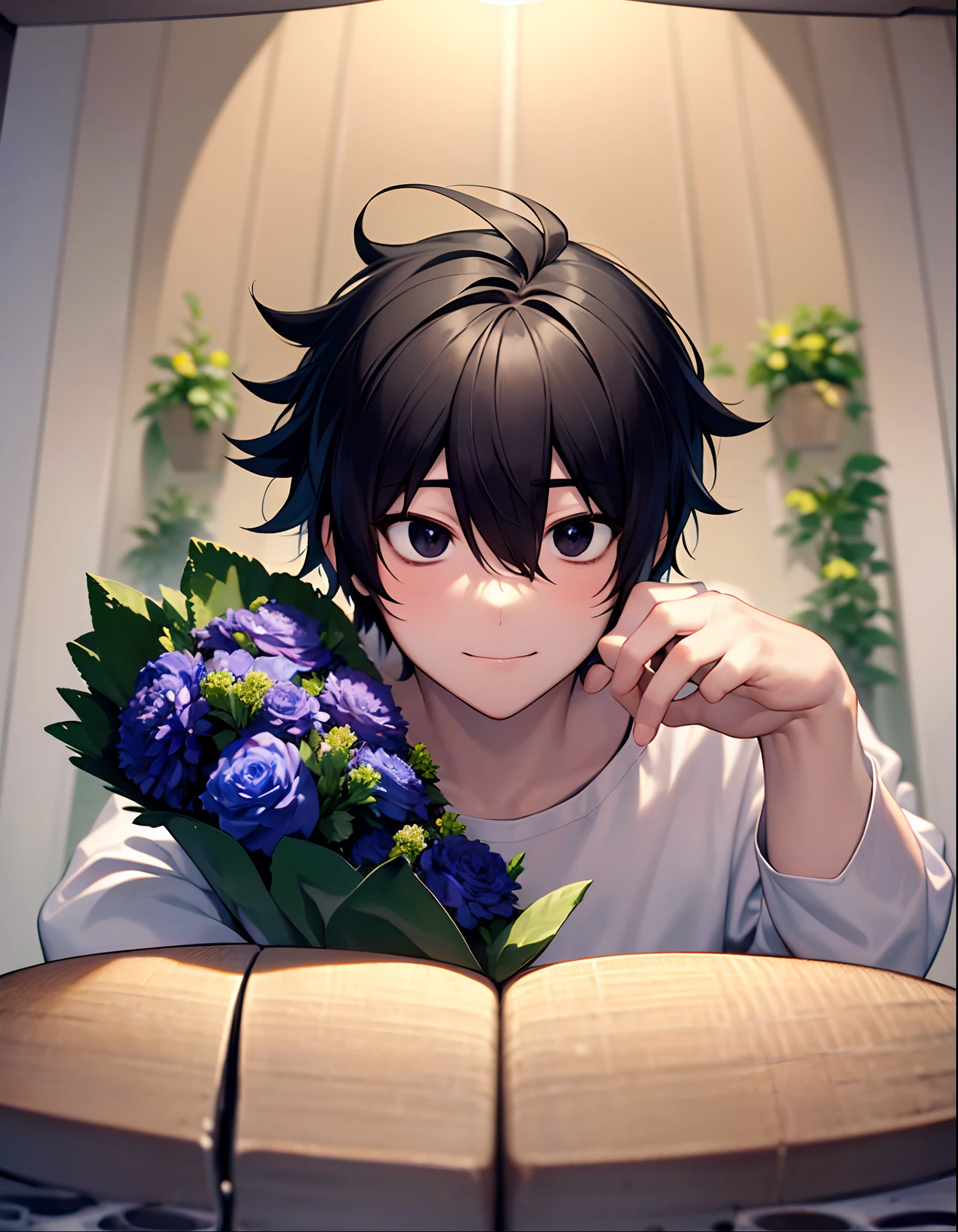 (masterpiece,best quality, detailed), solo, male focus, indoors, l lawliet, white shirt, jeans, wide-eyed, long sleeves, closed mouth, holding a flower bouquet, wide-eyed, upper body, happy