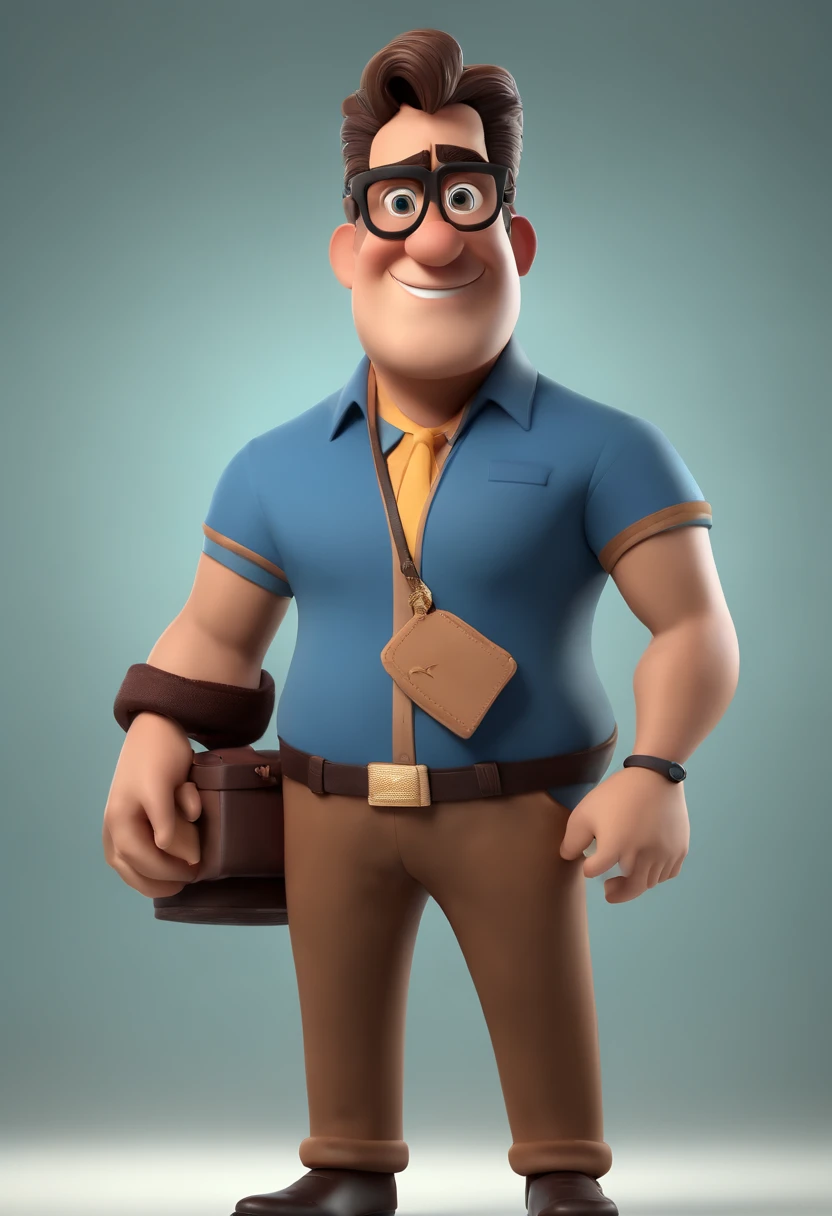 Cartoon character of a man with black glasses, cabelo cacheado marrom escuro e uma camisa azul, animation character, Caractere estilizado, animation style rendering, 3D estilizado, Arnold Maya render, 3 d render stylized, toon render keyshot, Personagem 3D, Personagem 3D, 3d rendering stylized, 3 d character render, personagem de desenho animado, Personagem de close up, Pose de personagem, (Estilo Pixar) (master part:1.2) (Bokeh) (best quality) (pele detalhada) (textura detalhada) (8k) (argila) (Cinematic lighting) (foco nítido