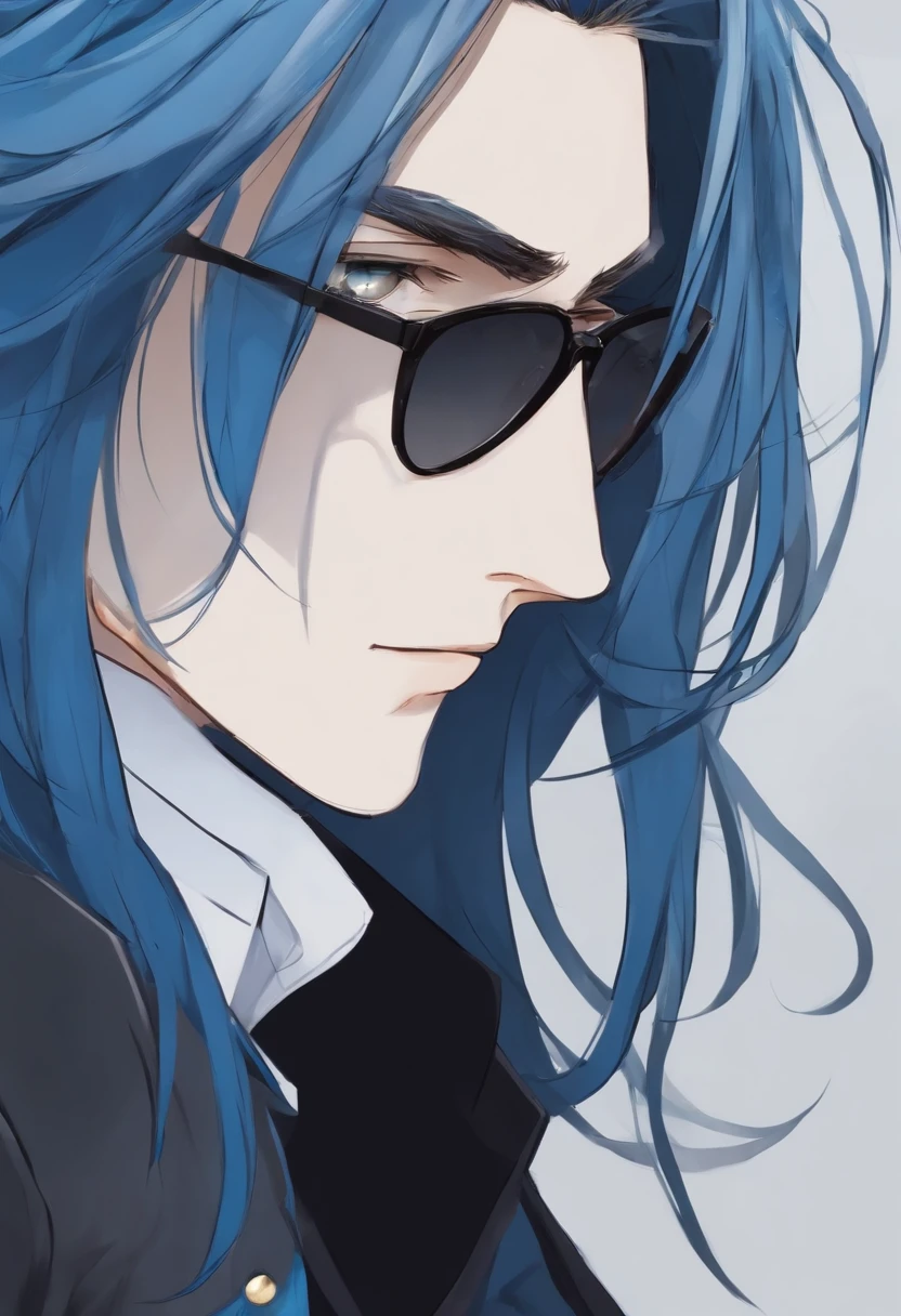 Estilo anime + homem + cabelos pretos e longos + olhos azuis + franja no olho esquerdo + barba rala + terno social preto com colete azul + cristal azul com asas de borboleta na gola