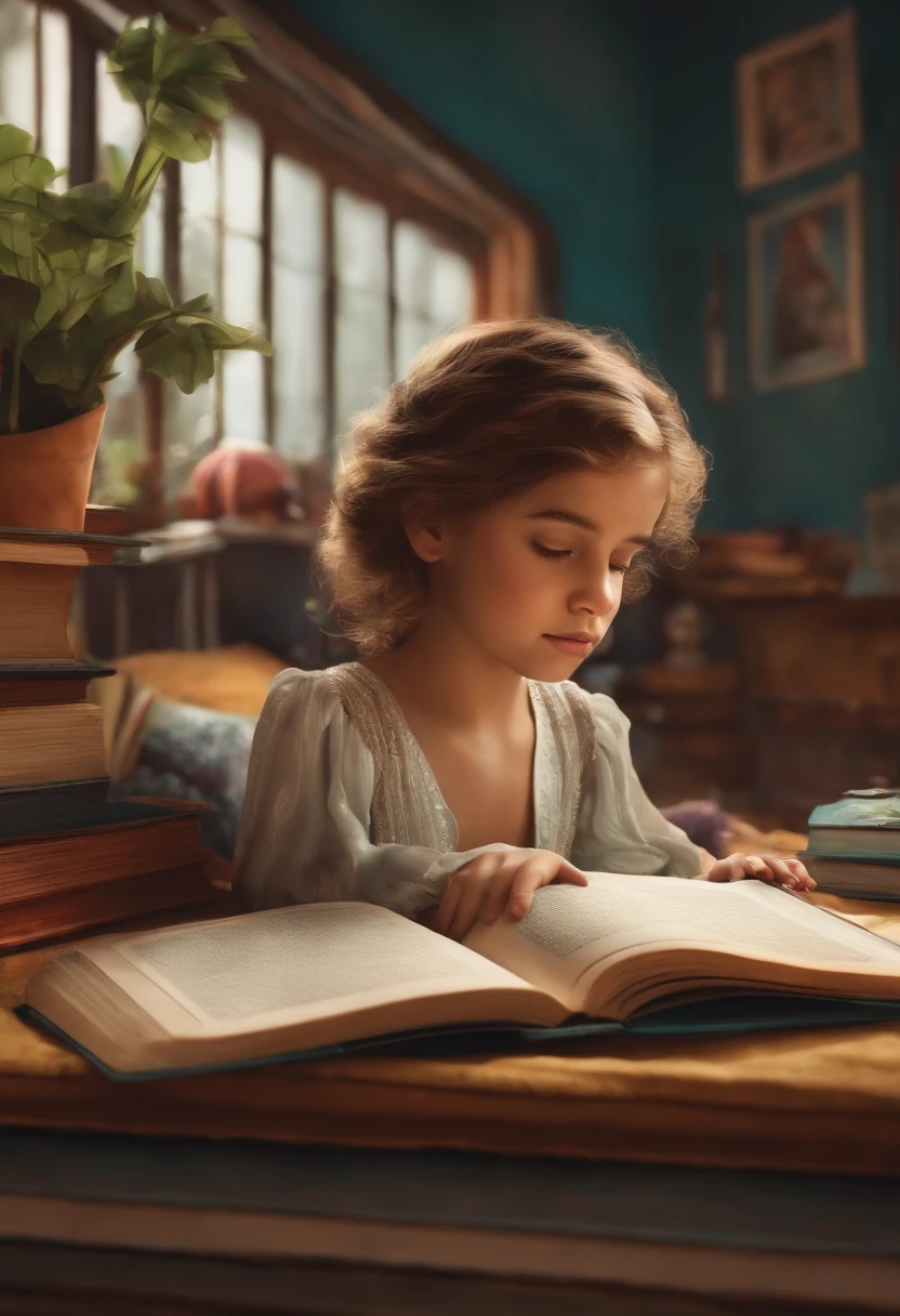 Crie-me uma menina animada de 12 anos que se levanta de seu livro