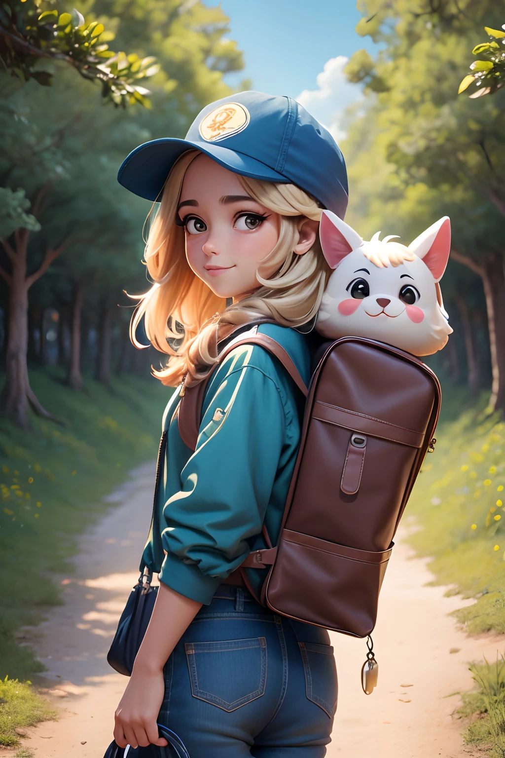 Dica: Uma garotinha muito charmosa com uma mochila e seu cachorrinho fofo ao seu lado caminhando curtindo um lindo passeio de primavera cercada por lindas flores amarelas e natureza. The illustration is a high definition illustration in 4K resolution, apresentando recursos faciais altamente detalhados e visuais em estilo de desenho animado.