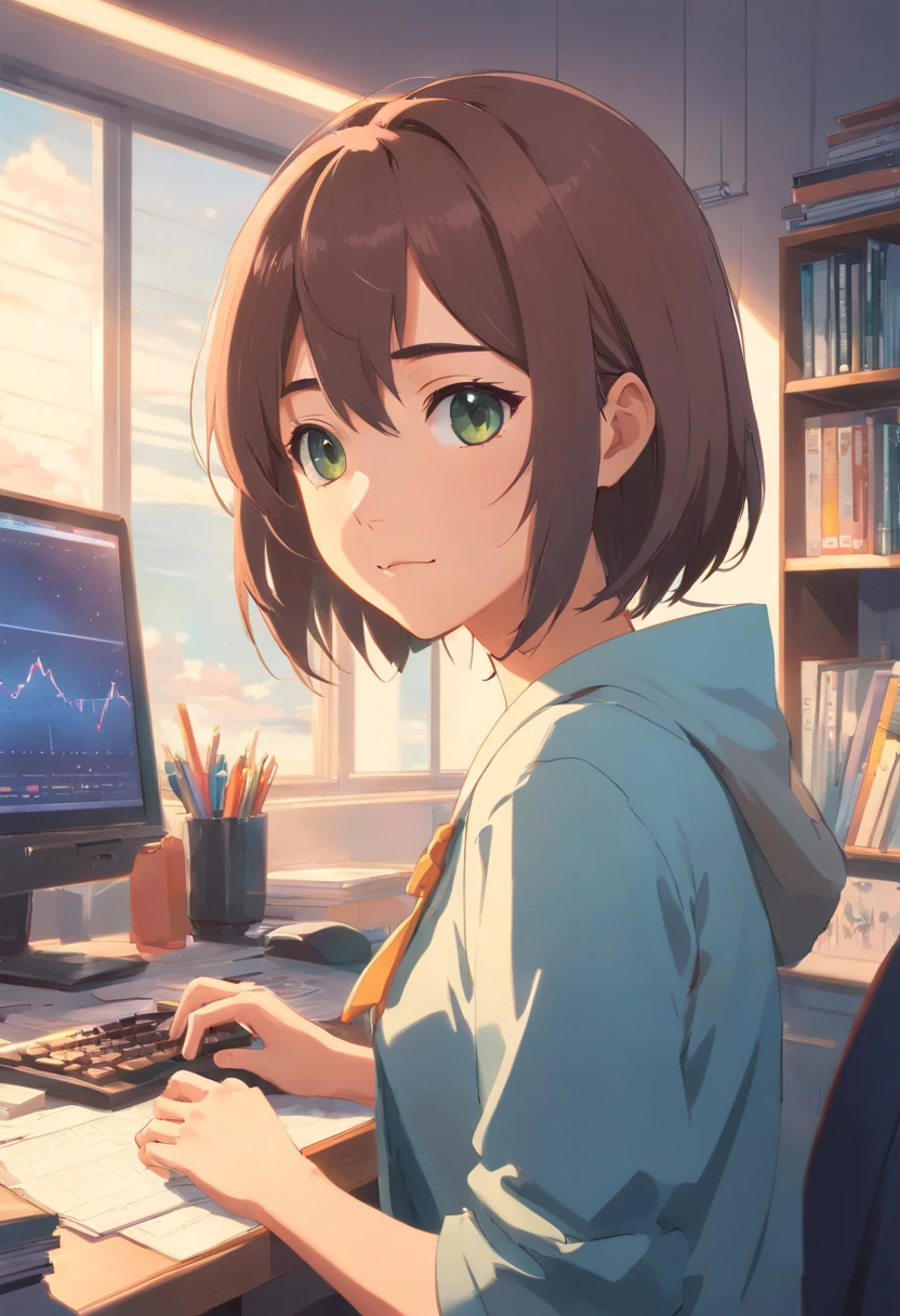 obra prima,extremely high quality,(Fotos escurecidas:1,realisitic,1girl,Flatbang,stunning innocent symmetrical face,moletom,sensibilidade,Erchan,(Pureerosface_v1:0.7), 27 anos, s office, a desk, Computadores