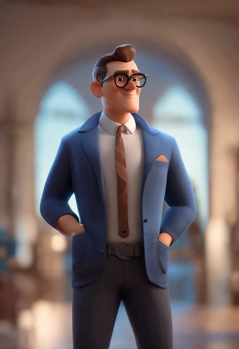 Cartoon character of a man wearing black glasses and a blue shirt, um personagem animado, Caractere estilizado, animation style rendering, 3D estilizado, Arnold Maya render, 3 d render stylized, toon render keyshot, Personagem 3D, Personagem 3D, 3d rendering stylized, 3 d character render, personagem de desenho animado, Personagem de close up, Pose de personagem, (Estilo Pixar) (master part:1.2) (Bokeh) (best quality) (pele detalhada) (textura detalhada) (8k) (argila) (Cinematic lighting) (foco nítido,Senta e vaza a parte superior do corpo
