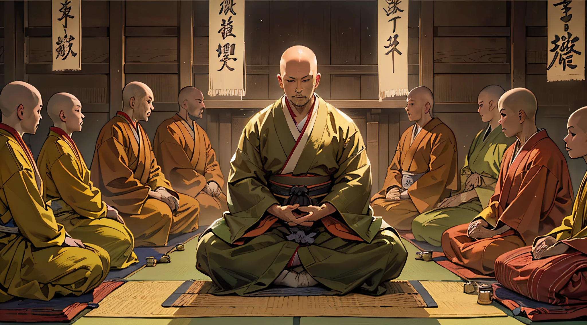 (masterpiece, best quality:1.2), (1man, solo), (50years old:1.1), (full body, sitting and meditation), (full body, sitting and meditation, beautiful forest, talking to group of students) Japanese monk's working clothes, (skin head, no hair), closing eyes, (Japanese old style room, a lot of candles)