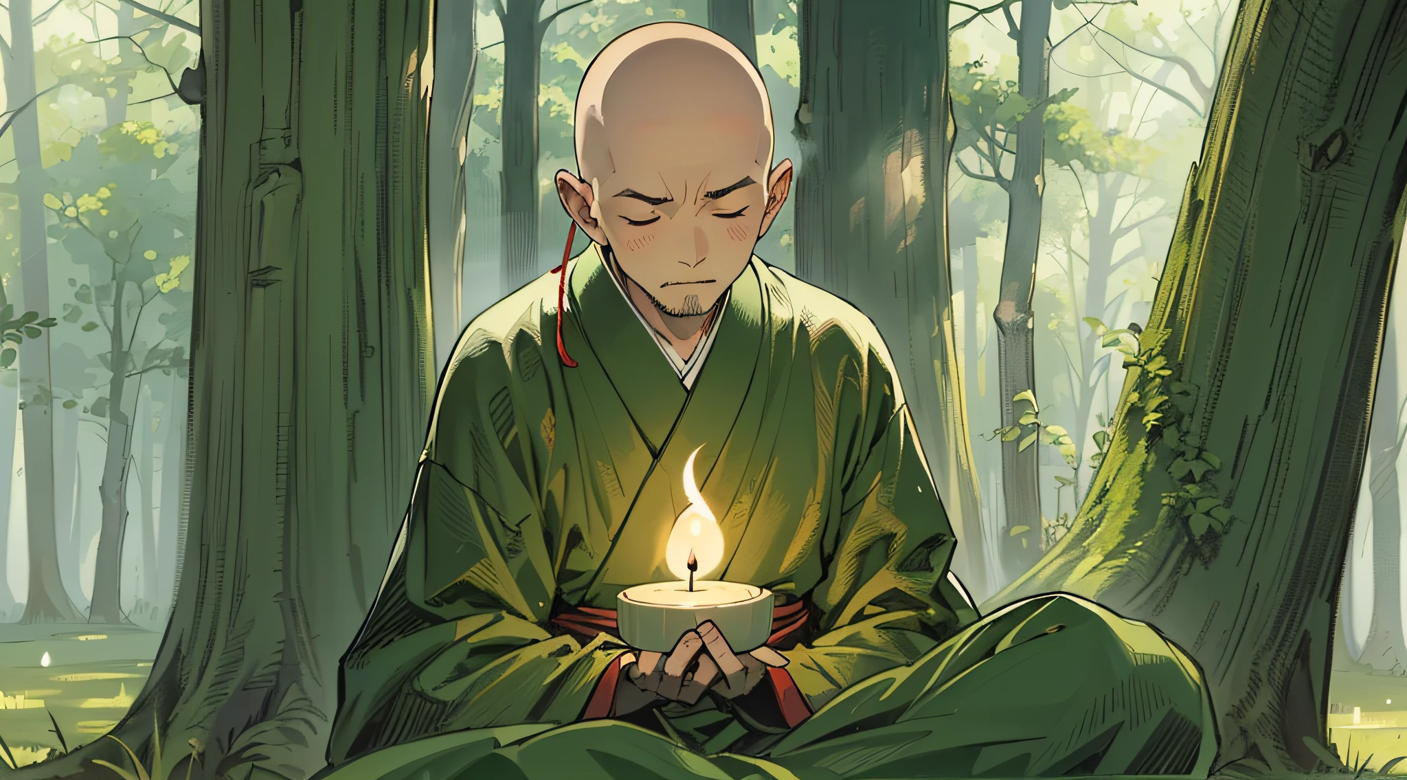 (masterpiece, best quality:1.2), (1man, solo), (50years old:1.1), (full body, sitting and meditation), (full body, sitting and meditation, beautiful forest, talking to group of students) Japanese monk's working clothes, (skin head, no hair), closing eyes, (Japanese old style room, a lot of candles)