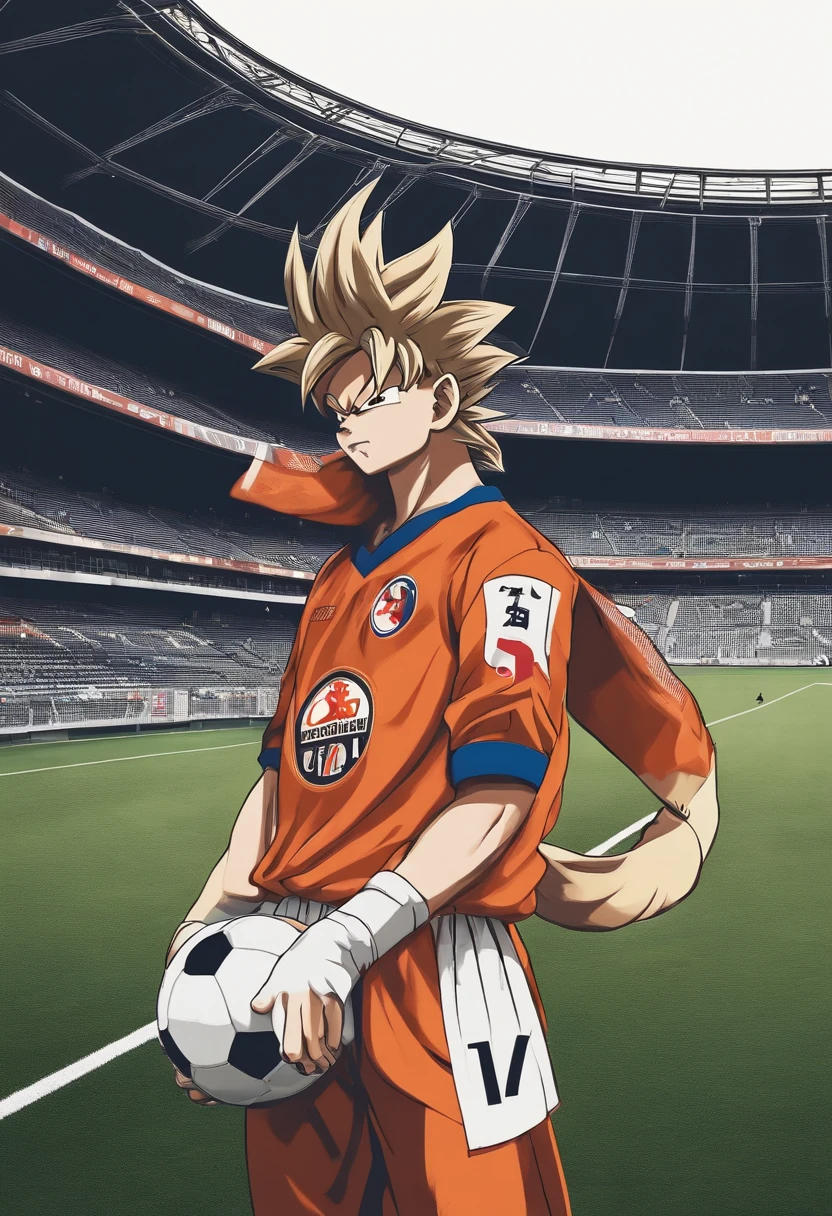 Goku Wearing a frankfurt jersey in a stadium PLaying football