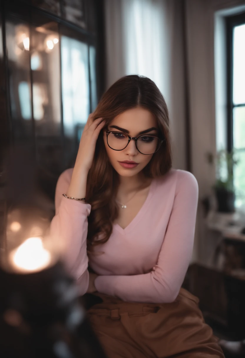 18 year old girl in her room by night wearing a black top brown hair big glossypink lips wearing glasses