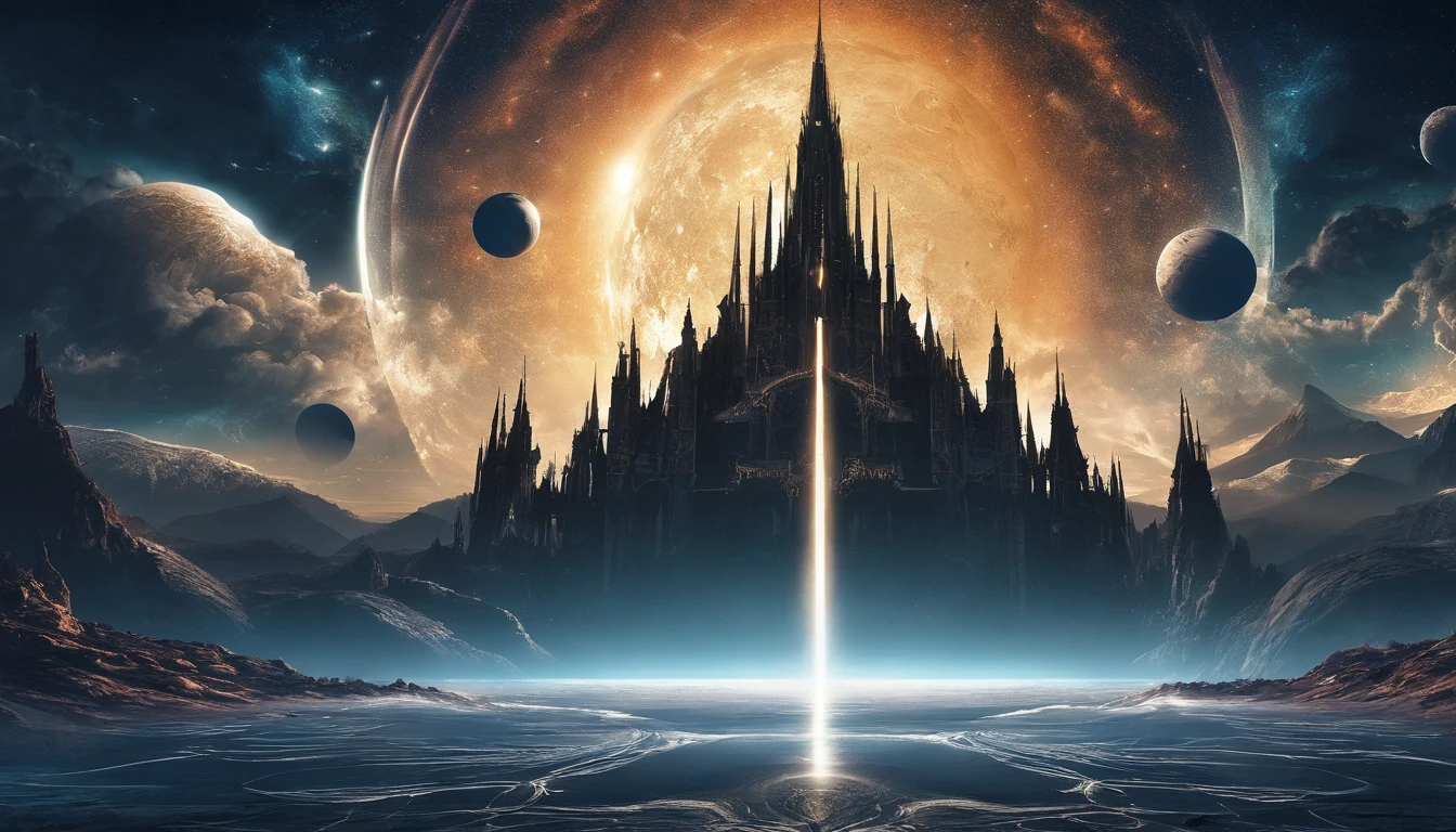 huge planet, the night, starrysky, surrealism, masutepiece, hight resolution、Impressive Milky Way:1.9、sand beach、Vast blue ocean、Blue Waves、Blue glacier、lightning bolt:1.9、Protoplanets、pure beauty