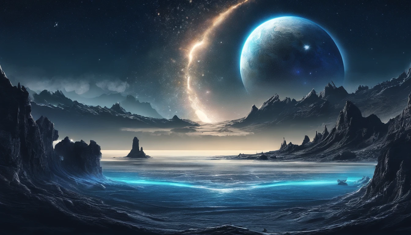 huge planet, the night, starrysky, surrealism, masutepiece, hight resolution、Impressive Milky Way:1.9、sand beach、Vast blue ocean、Blue Waves、Blue glacier、lightning bolt:1.9、Protoplanets、pure beauty