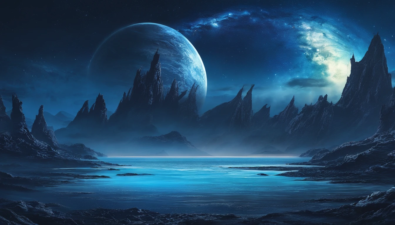 huge planet, the night, starrysky, surrealism, masutepiece, hight resolution、Impressive Milky Way:1.9、sand beach、Vast blue ocean、Blue Waves、Blue glacier、lightning bolt:1.9、Protoplanets、pure beauty