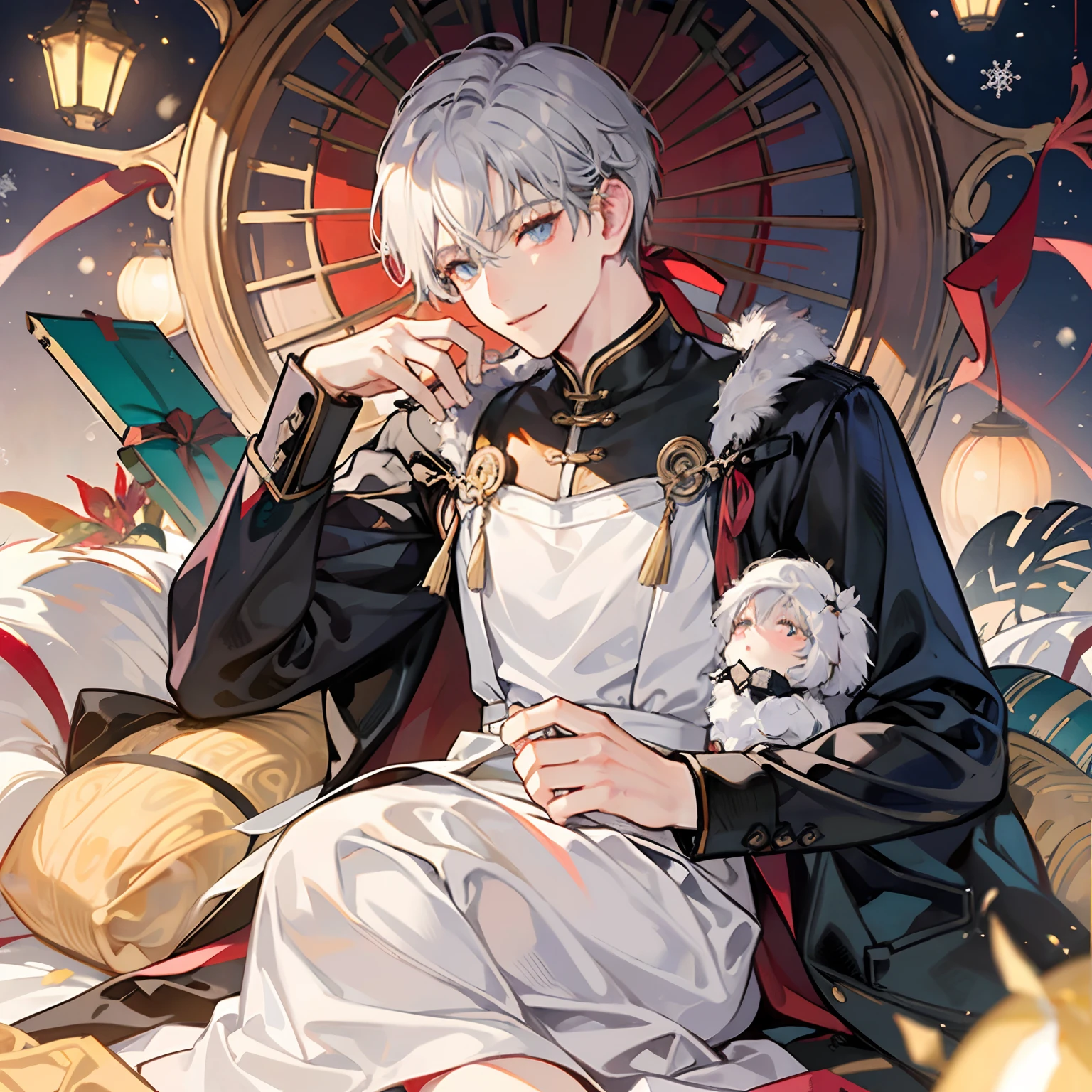 1 Short Platinum Hair Mens,grey pupils,shyly smile,Wrapped in love,Look down,Ultra Clear HD Half Body,Rich in detail,masutepiece。、Christmas、Asia Youth、Male prostitutes