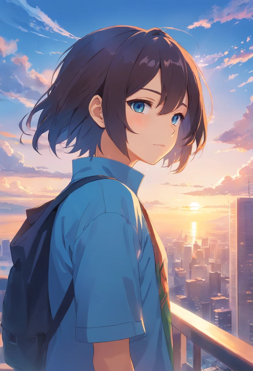 Estilo anime + homem + cabelos pretos e longos + olhos azuis + franja no olho esquerdo + barba rala + terno social preto com colete azul + cristal azul com asas de borboleta na gola