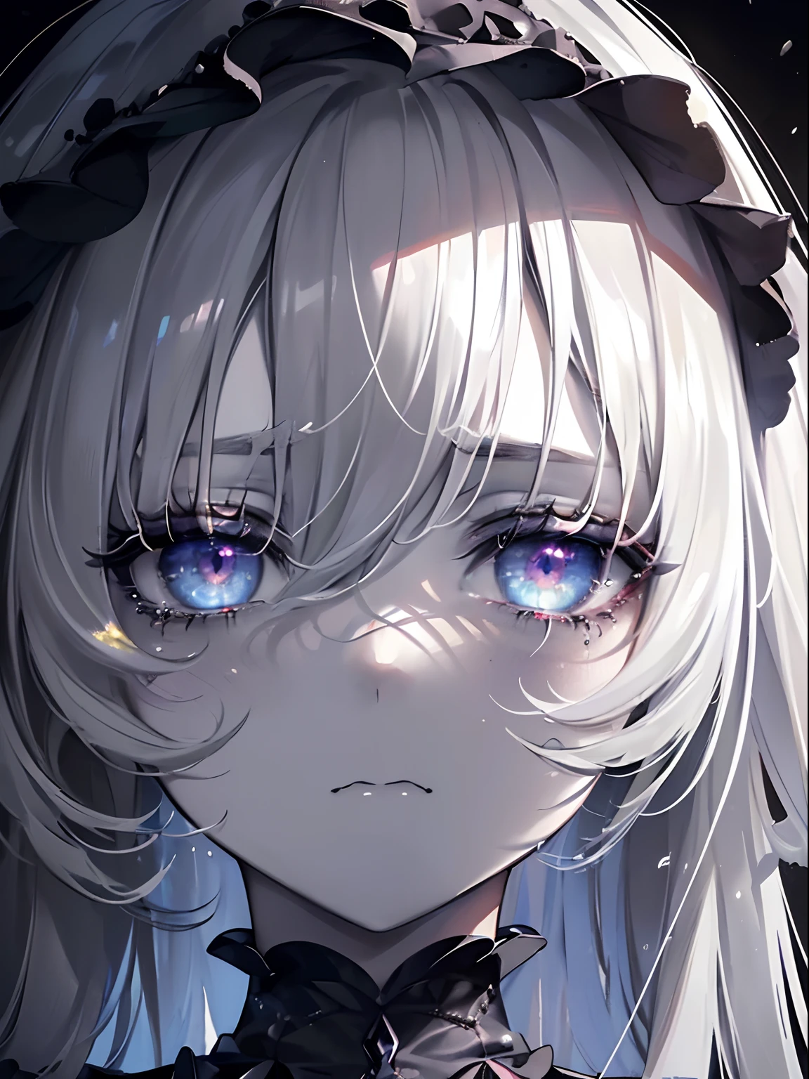 (masterpiece,best quality,ultra-detailed),1girl,beautiful and detailed face, detailed eyes,looking at viewer, multicolored eyes,((grey theme),((depression, sadness, melancholy)),grey skin,tired expression,sad,swollen eyelids,((very close up)),criying,gothic makeup,a dark cave in the background