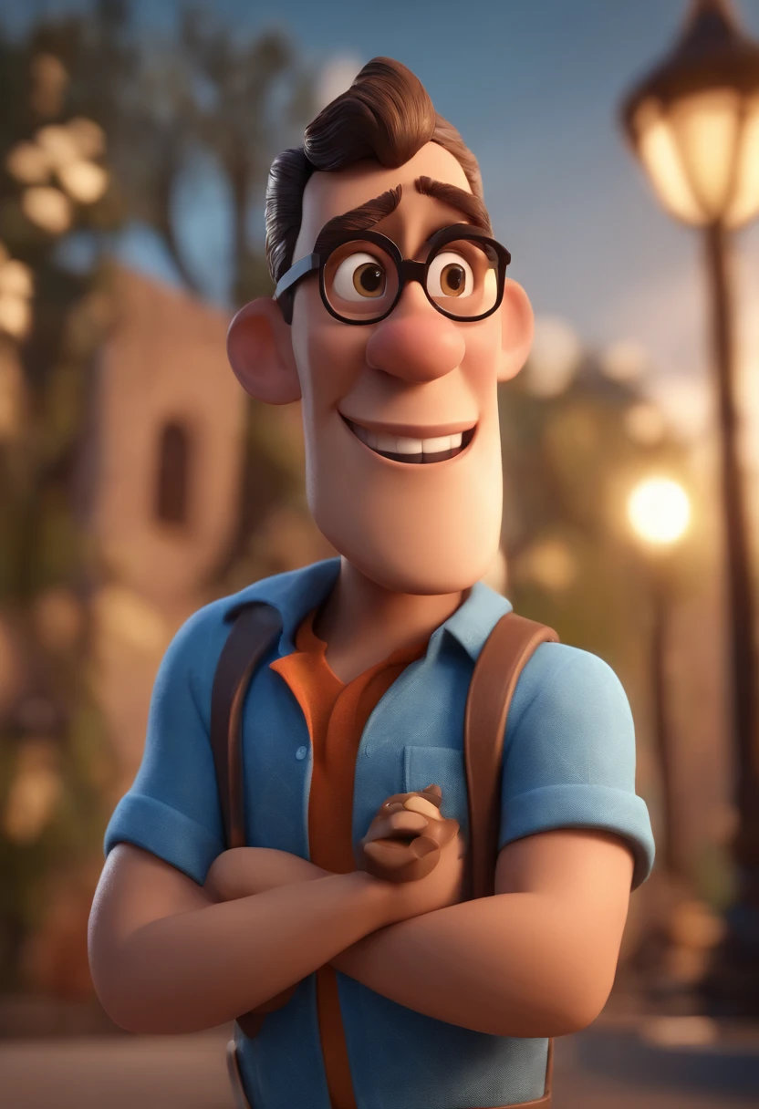 Cartoon character of a man with black glasses, cabelo cacheado marrom escuro e uma camisa azul, animation character, Caractere estilizado, animation style rendering, 3D estilizado, Arnold Maya render, 3 d render stylized, toon render keyshot, Personagem 3D, Personagem 3D, 3d rendering stylized, 3 d character render, personagem de desenho animado, Personagem de close up, Pose de personagem, (Estilo Pixar) (master part:1.2) (Bokeh) (best quality) (pele detalhada) (textura detalhada) (8k) (argila) (Cinematic lighting) (foco nítido