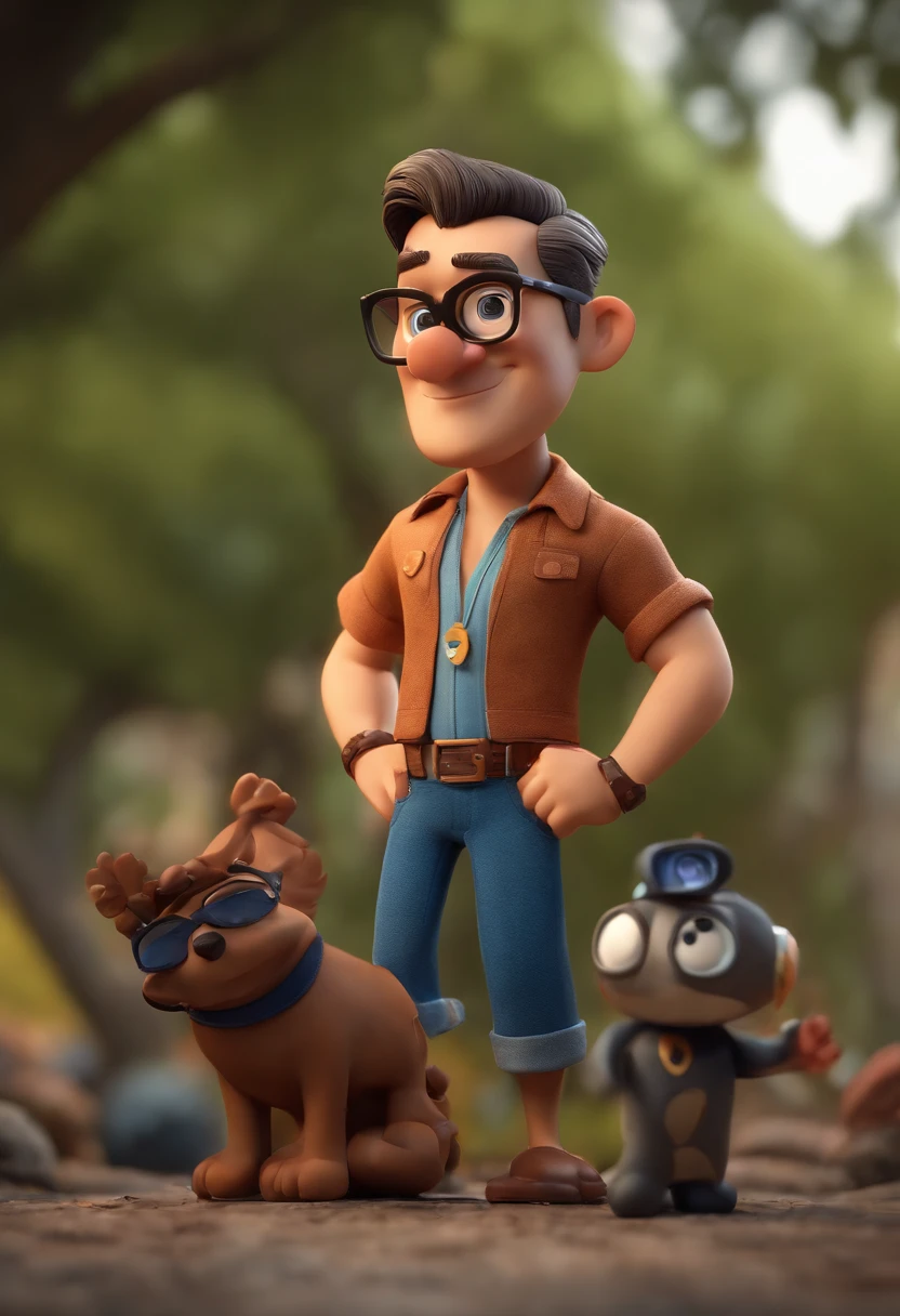 Cartoon character of a man with black glasses, cabelo cacheado marrom escuro e uma camisa azul, animation character, Caractere estilizado, animation style rendering, 3D estilizado, Arnold Maya render, 3 d render stylized, toon render keyshot, Personagem 3D, Personagem 3D, 3d rendering stylized, 3 d character render, personagem de desenho animado, Personagem de close up, Pose de personagem, (Estilo Pixar) (master part:1.2) (Bokeh) (best quality) (pele detalhada) (textura detalhada) (8k) (argila) (Cinematic lighting) (foco nítido