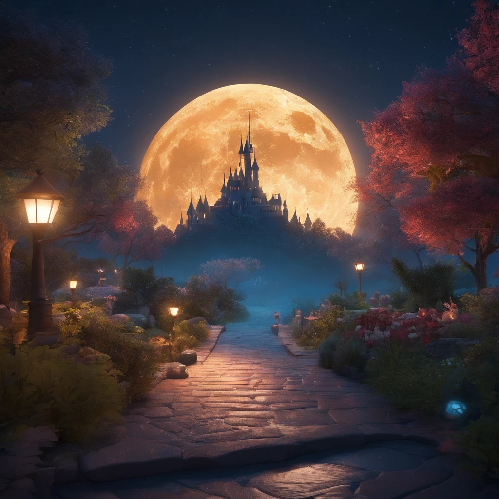 Create a Disney-style animated image of a cold, dark night with a mysterious glow from the moon. The moonlight should cast an eerie, enchanting light, creating an aura of magic and intrigue. The landscape should be shrouded in shadows, and you should convey a sense of both mystery and wonder. The image should capture the essence of Disney's storytelling, inviting viewers into a world of imagination and enchantment, where secrets and adventures await under the moon's mystic embrace.