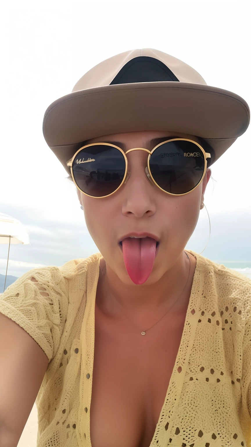 Woman with sunglasses and a hat making a funny face, Tongue out, wearing sunglasses and a cap, wearing sunglasses and a hat, rosto suado, lambendo para fora, Tongue sticking out, 3 0 anos de idade mulher, Mulher de 30 anos, wearing a silly hat, cara de bobo, long tongue, imagem de perfil, 3 6 anos, wearing sunglasses