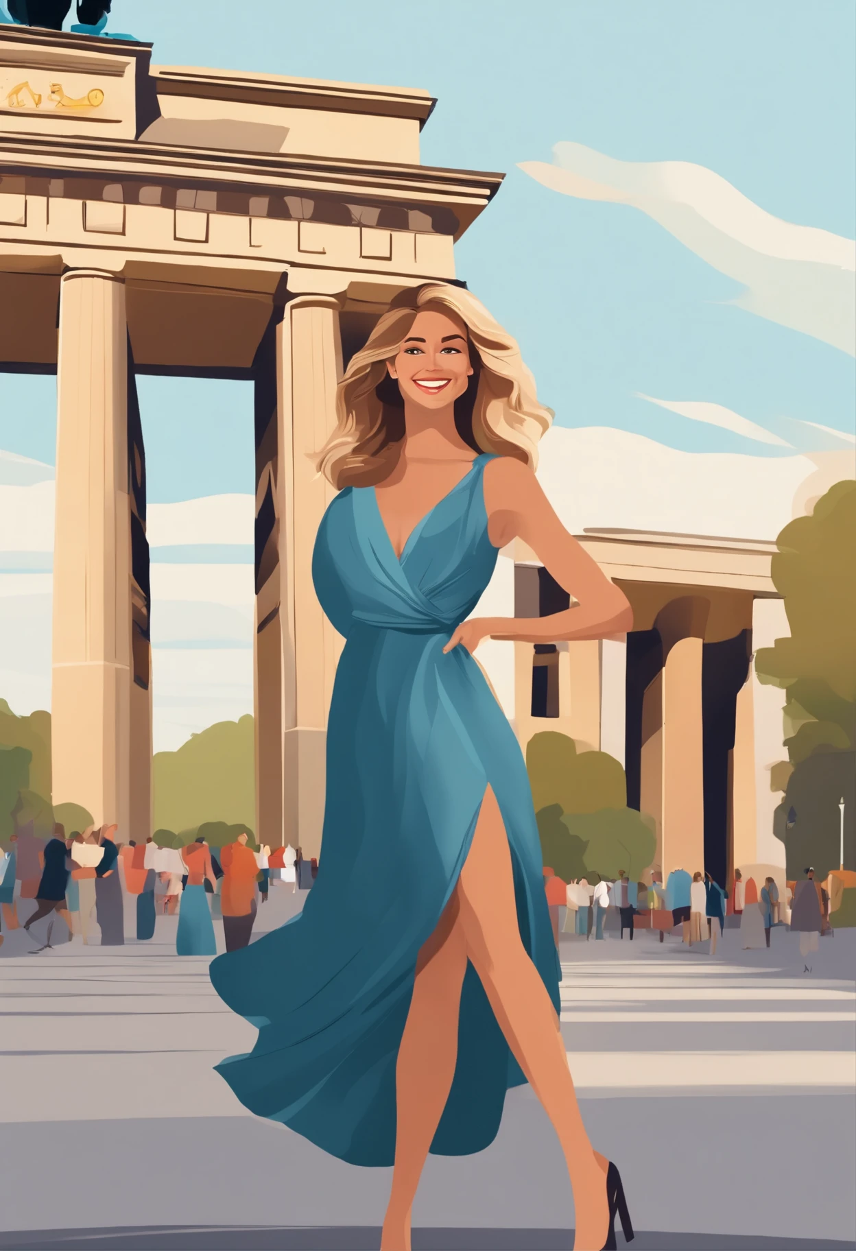 An illustration of a cute adorable woman with dark blonde wavy hair with blonde highlights, a sweet smile, kleiner Nase, braunen Augen und einem blauen Kleid. Sie steht vor dem Brandenburger Tor in Berlin. Die Sonne scheint. Illustrieren Sie diese Szene aus einer Perspektive, in der sie in die Kamera blickt, Entwickeln Sie diese Kunst in Full HD, Konzentriere dich auf deinen cineastischen Touch, Disney Pixar Animationen Stil